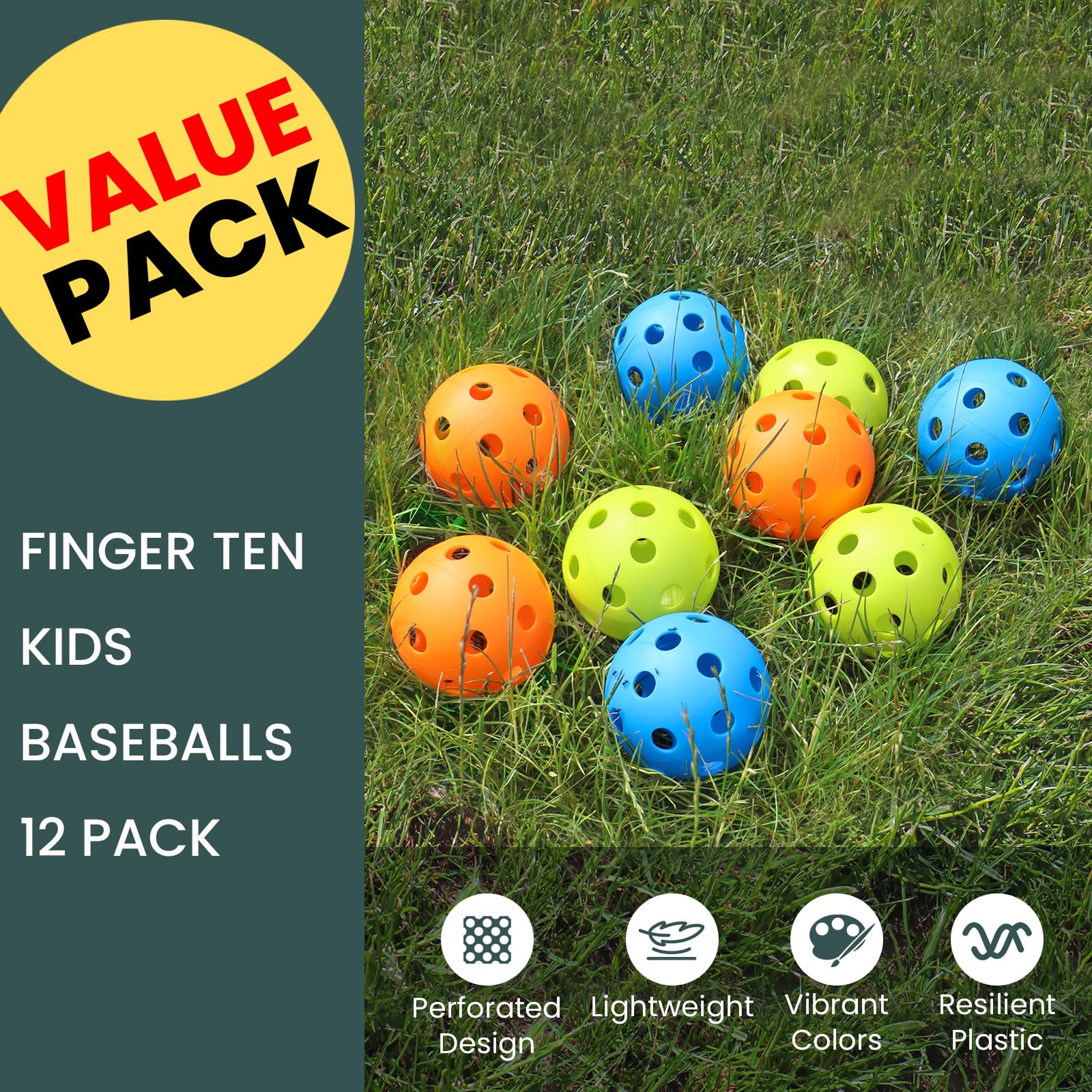 FINGER TEN Plastic Baseballs & Softballs - 6/12/24 Pack for Practice Hitting, Lightweight Training Balls for Kids, Men & Women - Perfect for Indoor & Outdoor Baseball Drills, Backyard Games & Batting Cage Practice