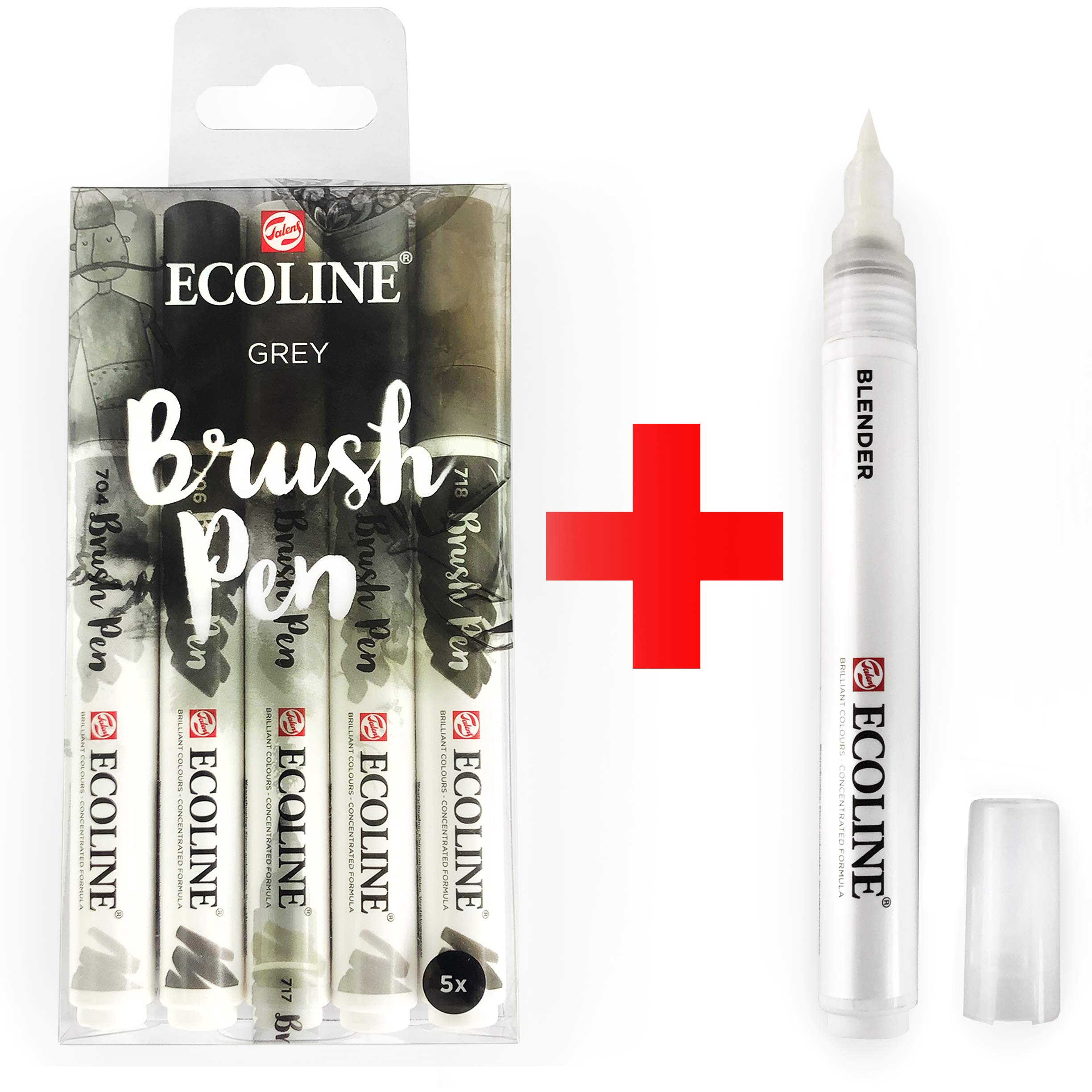 Royal Talens Ecoline Watercolor Brush Pens - 5 Gray Set with Blender for Artists