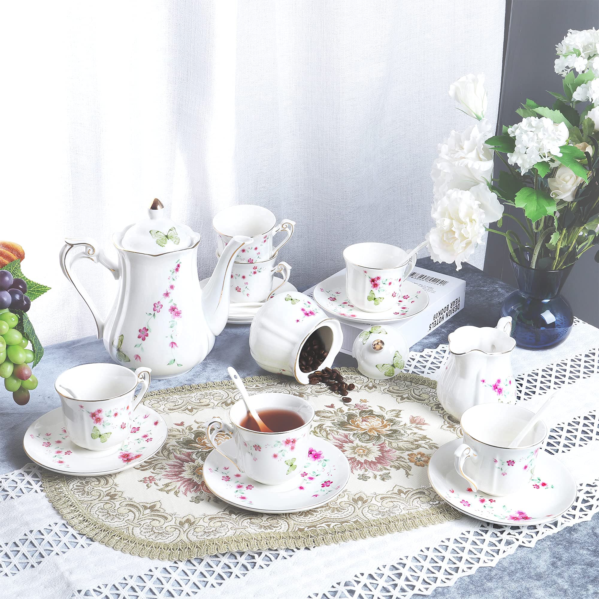 Fanquare 21-Piece Floral Butterfly Porcelain Tea Set - Spring Blossoms Tea & Coffee Service for 6, Perfect for Afternoon Tea Parties, Bridal Showers & Elegant Home Decor