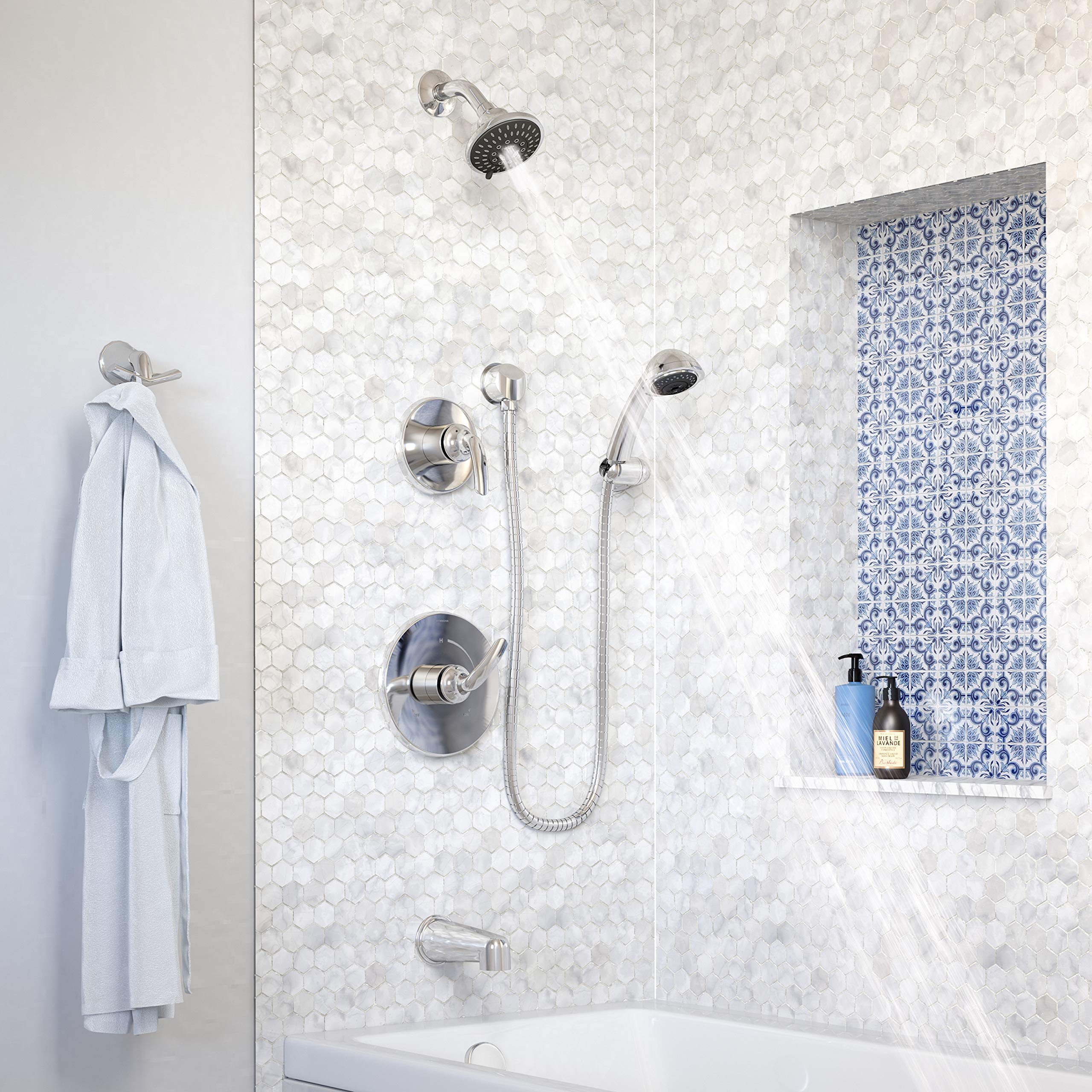 Symmons 5506-1.5-TRM Elm 2-Handle Tub and Shower Faucet Trim with 5-Spray Showerhead & 3-Spray Hand Shower in Polished Chrome (Valves Sold Separately) - Perfect for Bathroom Renovation and Luxury Spa Experience