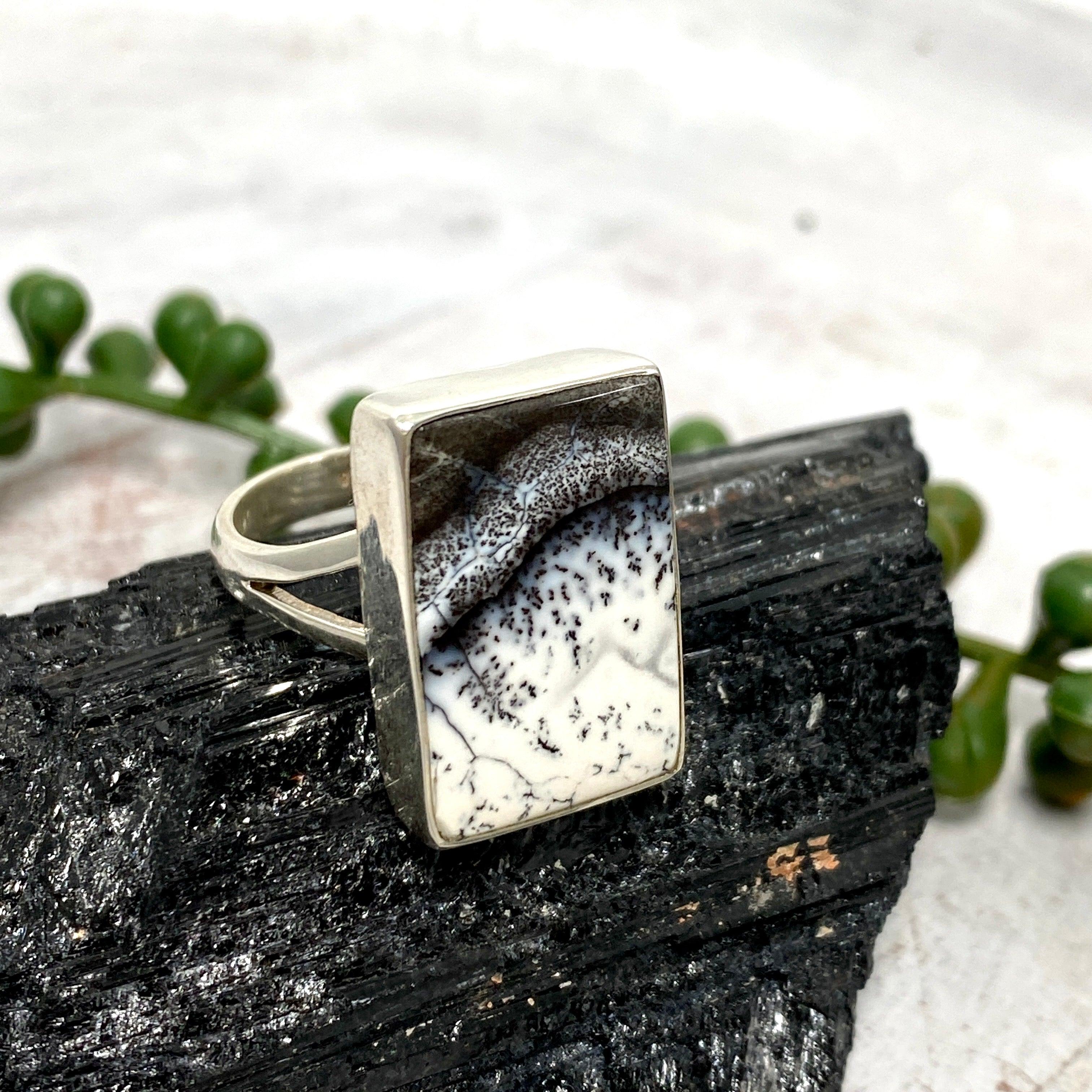 Dendritic Opal Rectangular Ring Size 9 KRGJ2293 - Elegant Handmade Jewelry for Women, Perfect for Weddings, Parties & Special Occasions