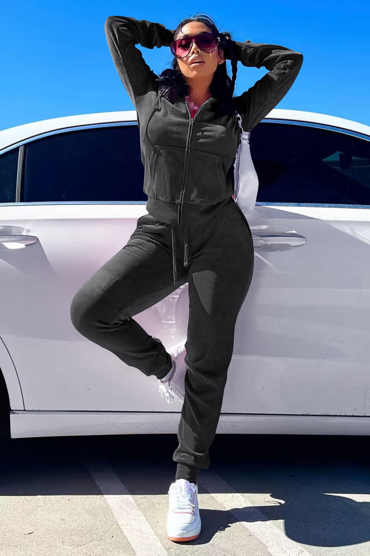 Yidengymx Women's 2-Piece Velour Tracksuit Set - Soft Velvet Hooded Jogger Outfit for Lounge & Workout | Cozy Casual Wear for Home, Gym & Running