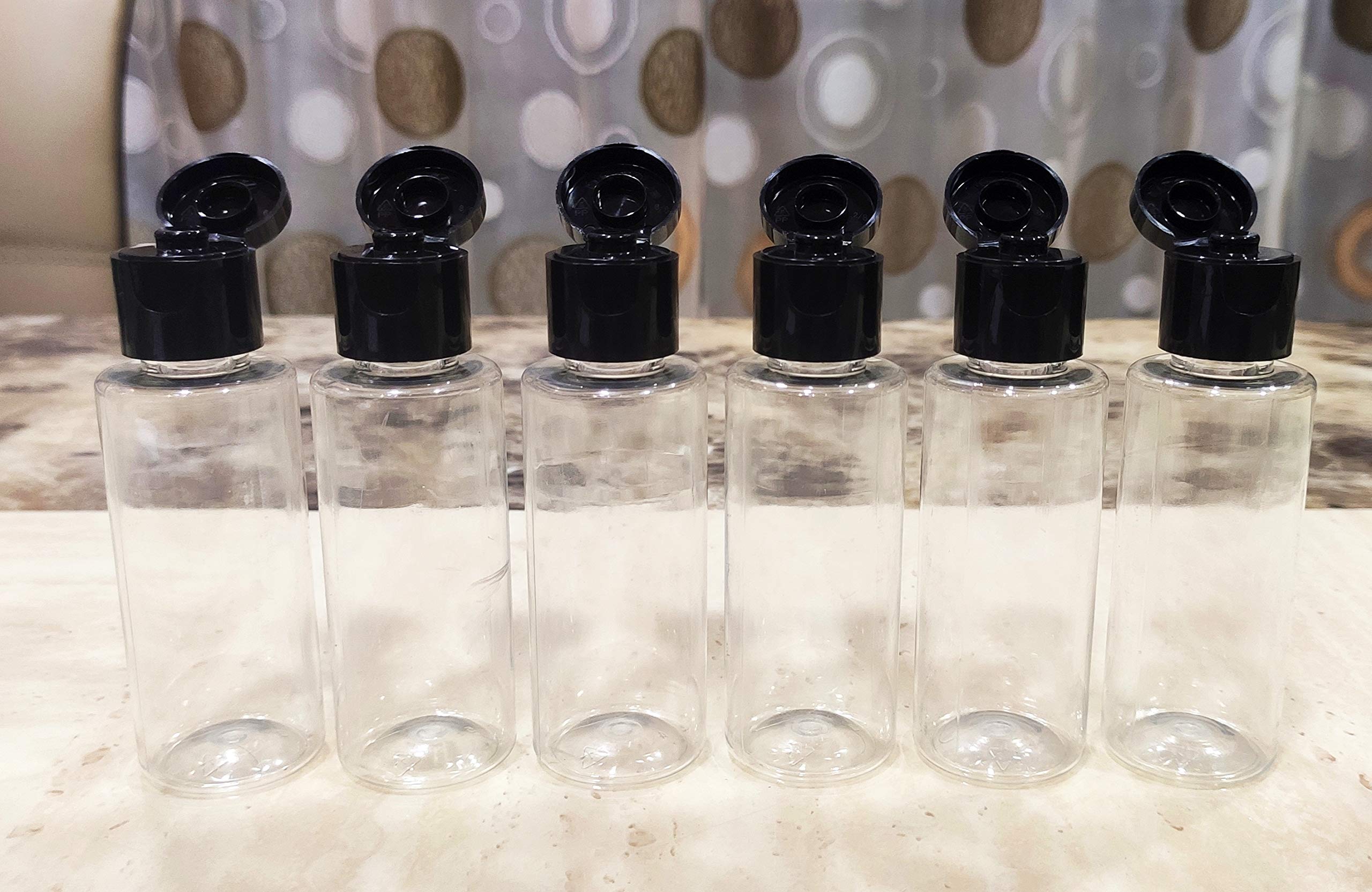 SPC Empty Clear Refillable Round Plastic Bottles with Flip Top Lids for Hand Sanitizer, Travel Essentials & Toiletries - 50ml (Black) - 6 Pack - Perfect for DIY Liquids, Travel Size Products & Home Organization