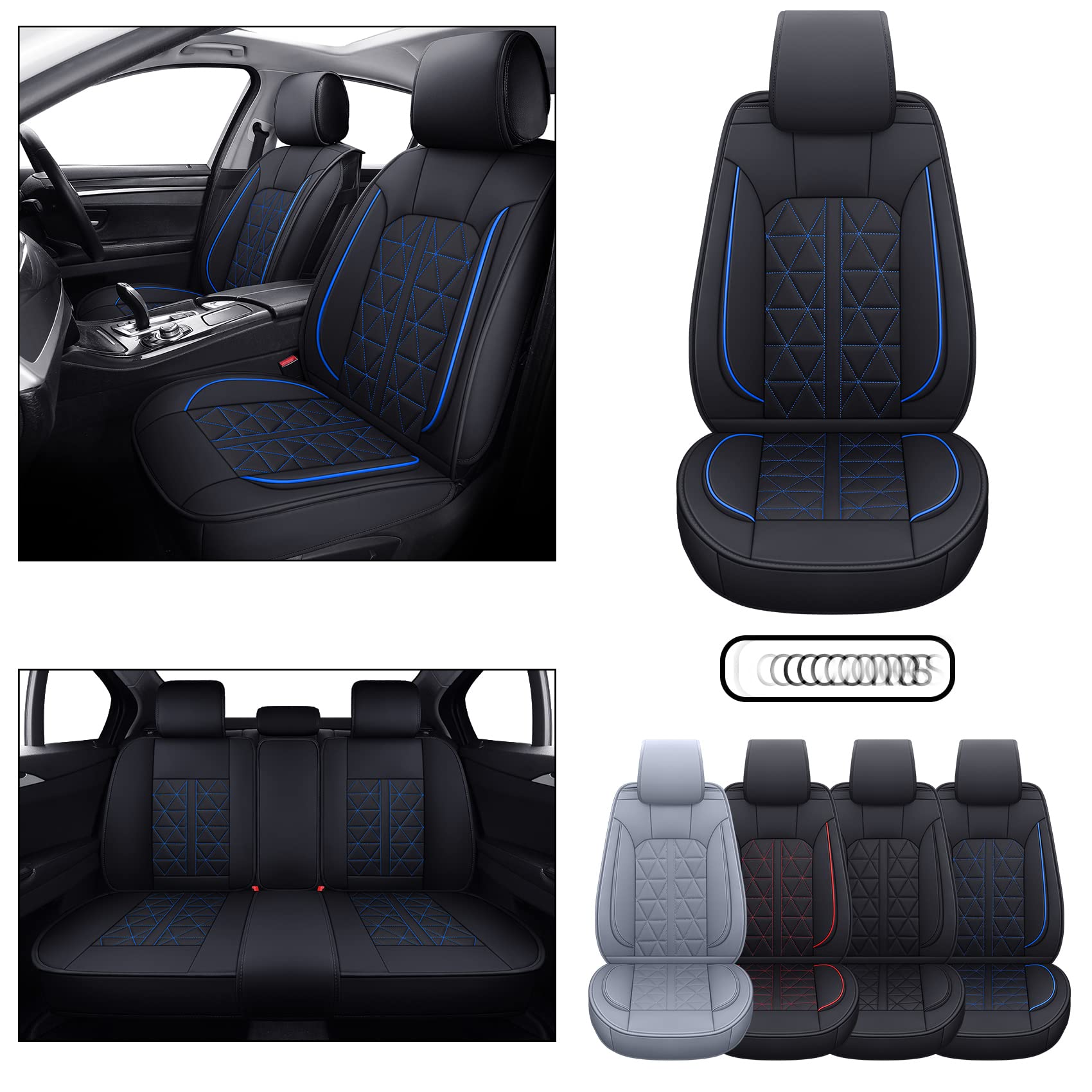 INCH EMPIRE 5-Seat Universal Car Seat Covers - Full Set for Sedans, SUVs & Trucks | Airbag Compatible Synthetic Leather | All-Weather Waterproof Protection (Triangle Black & Blue) | Perfect for Daily Commute, Road Trips & Family Travel