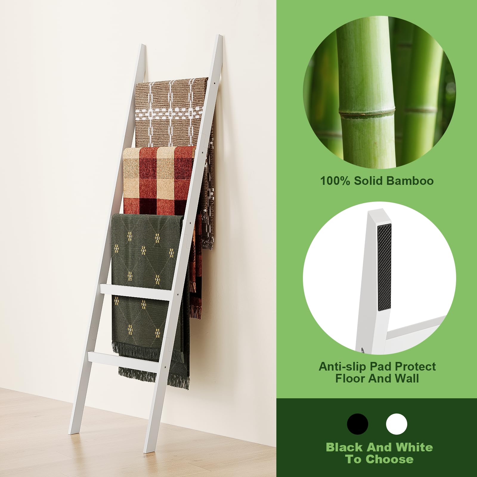 5-Tier Bamboo Blanket Ladder Towel Rack - Sturdy Leaning Shelf for Bathroom & Living Room - No Drill Wall Mount - Perfect for Towels, Quilts, Scarves & Decorative Storage (White) - Ideal for Farmhouse, Rustic & Modern Home Decor