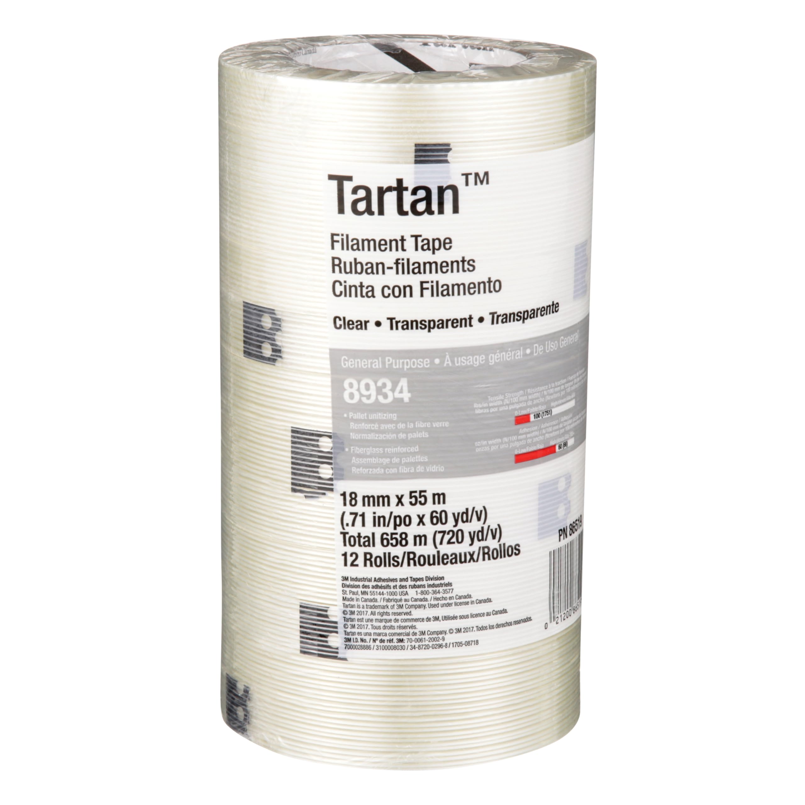 3M Tartan Filament Tape 8934 - Clear Heavy Duty Packaging Tape, 18mm x 55m (4 Mil Thick), 48 Rolls/Case - Ideal for Shipping Boxes, Moving & Industrial Packaging