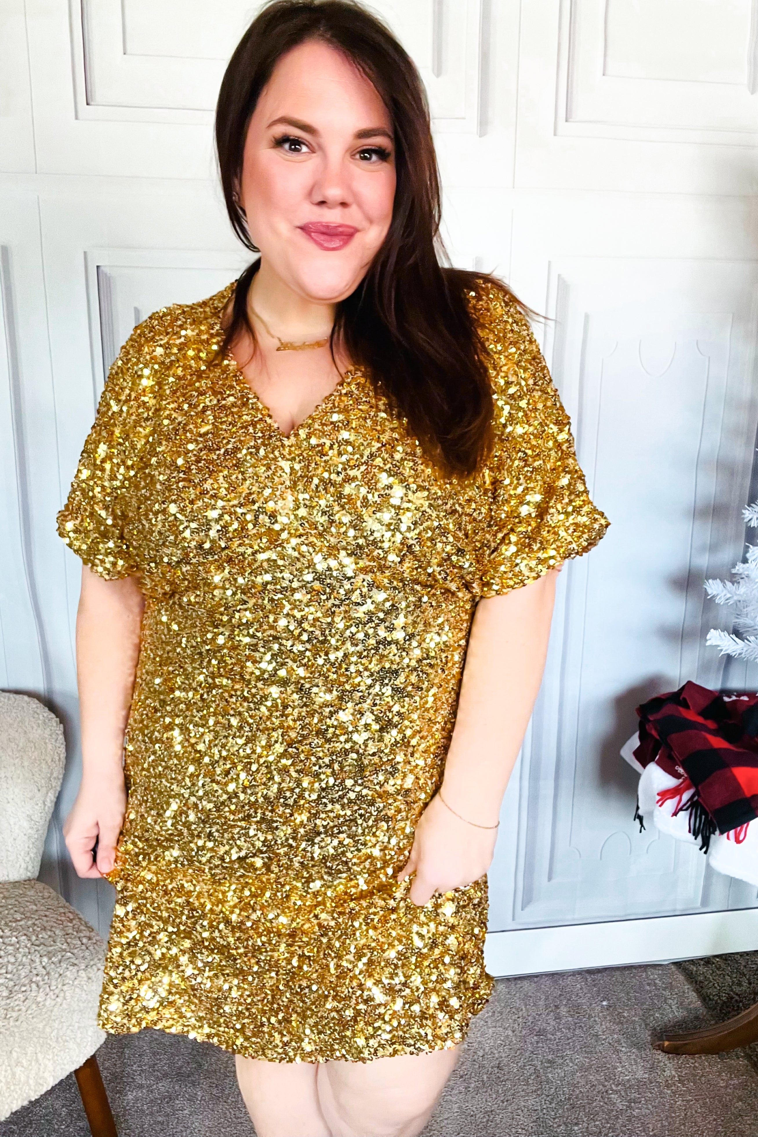 New Year Diva Dolman Gold Sequined Lined Babydoll Dress - Elegant Party Wear for NYE, Cocktail Parties & Special Occasions