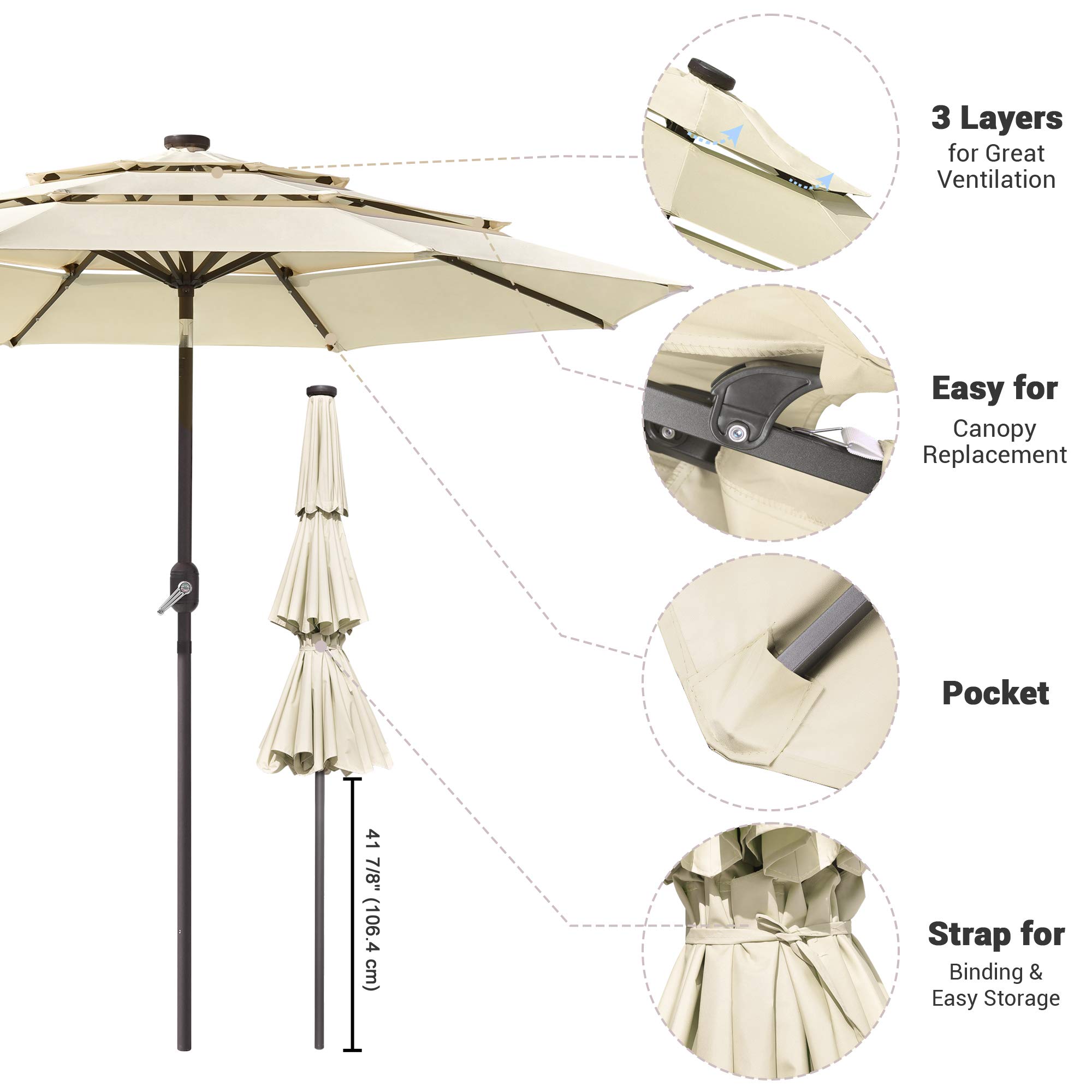9ft 3-Tier Solar LED Patio Umbrella with Crank & Tilt - UV70+ Protection, Aluminum Frame for Outdoor Decks, Gardens & Poolside | Weather-Resistant, Solar-Powered Lighting