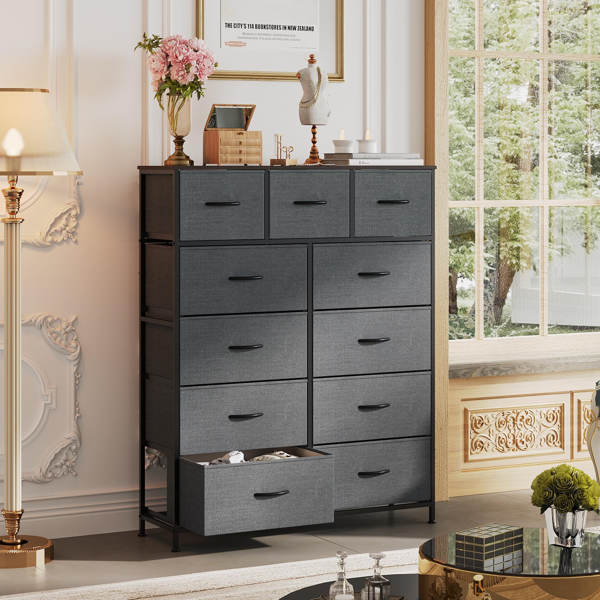 WLIVE 11-Drawer Fabric Dresser Storage Tower with Steel Frame & Wood Top - Tall Dresser Organizer for Bedroom, Closet, Hallway - Perfect for Clothing, Linens & Home Organization