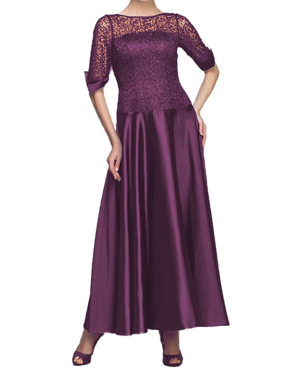 Elegant Tea-Length Mother of the Bride Dress - Long Sleeve Satin Formal Evening Gown for Women | Perfect for Weddings, Receptions & Special Occasions