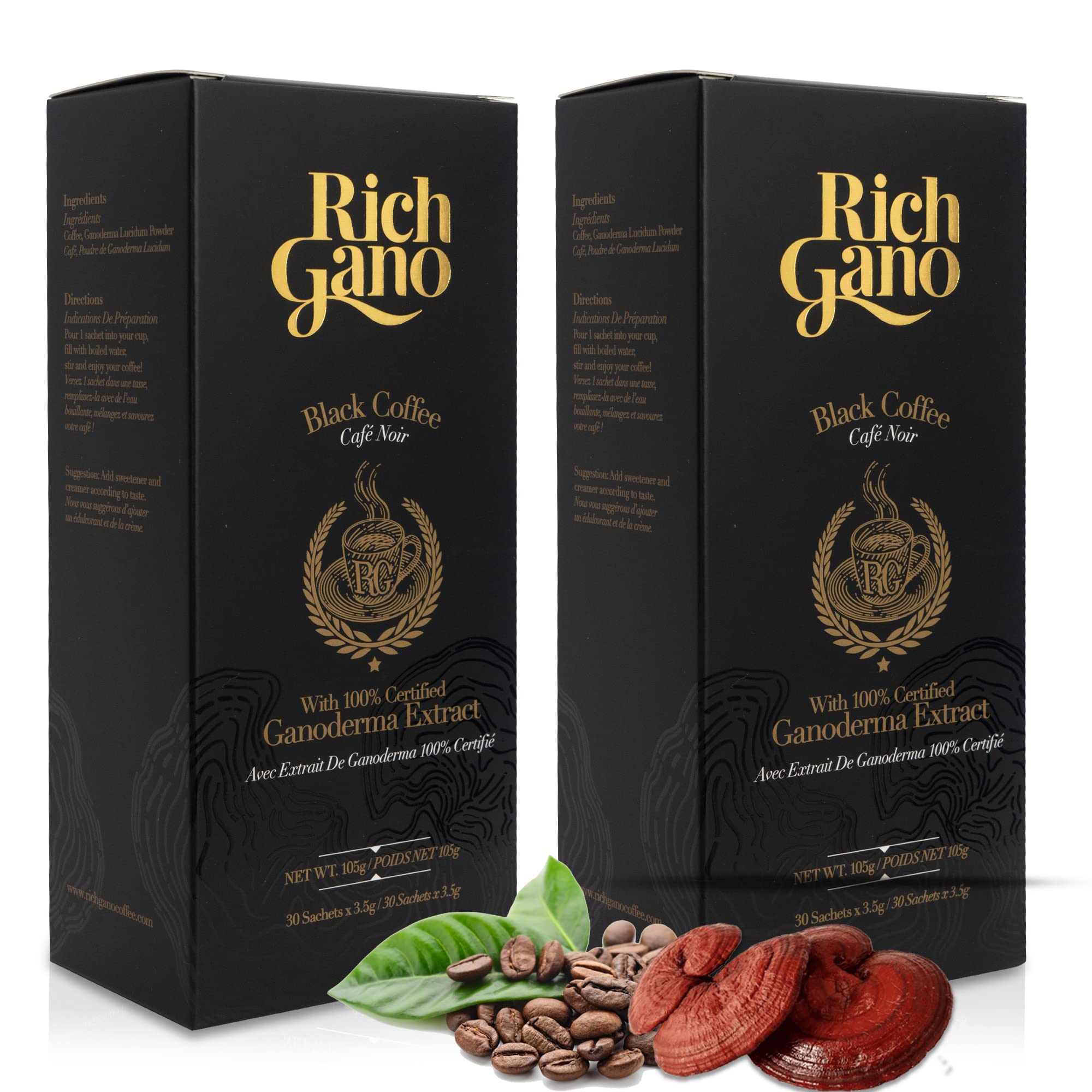 Organic Ganoderma Mushroom Coffee - 60 Instant Packets (2 x 30 Sachets) - All Natural Vegan Black Coffee with Reishi Extract - Immune Support, Energy Boost Without Jitters - Perfect for Morning Routine & Office Productivity