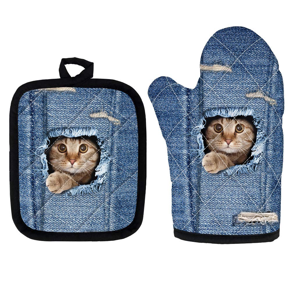 Coloranimal 2-Piece Denim Cat Print Oven Mitts & Pot Holders Set - Heat Resistant, Thickened Kitchen Gloves for Baking, Cooking, Grilling - Funny Blue Kitten Design, Thermal Insulation, Anti-Scalding Protection - Perfect for Holiday Baking, BBQ Parties & Home Kitchen Use