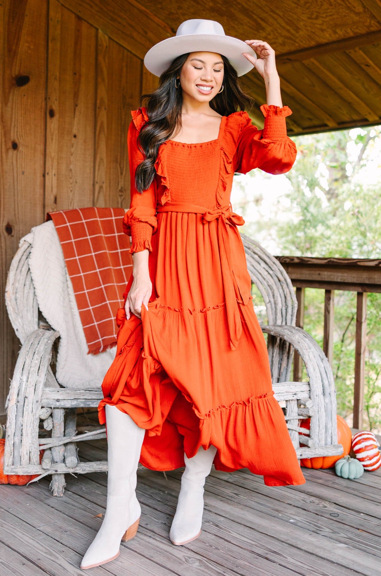 Elegant Rust Orange Ruffled Midi Dress for Women - Romantic Date Night & Summer Party Outfit
