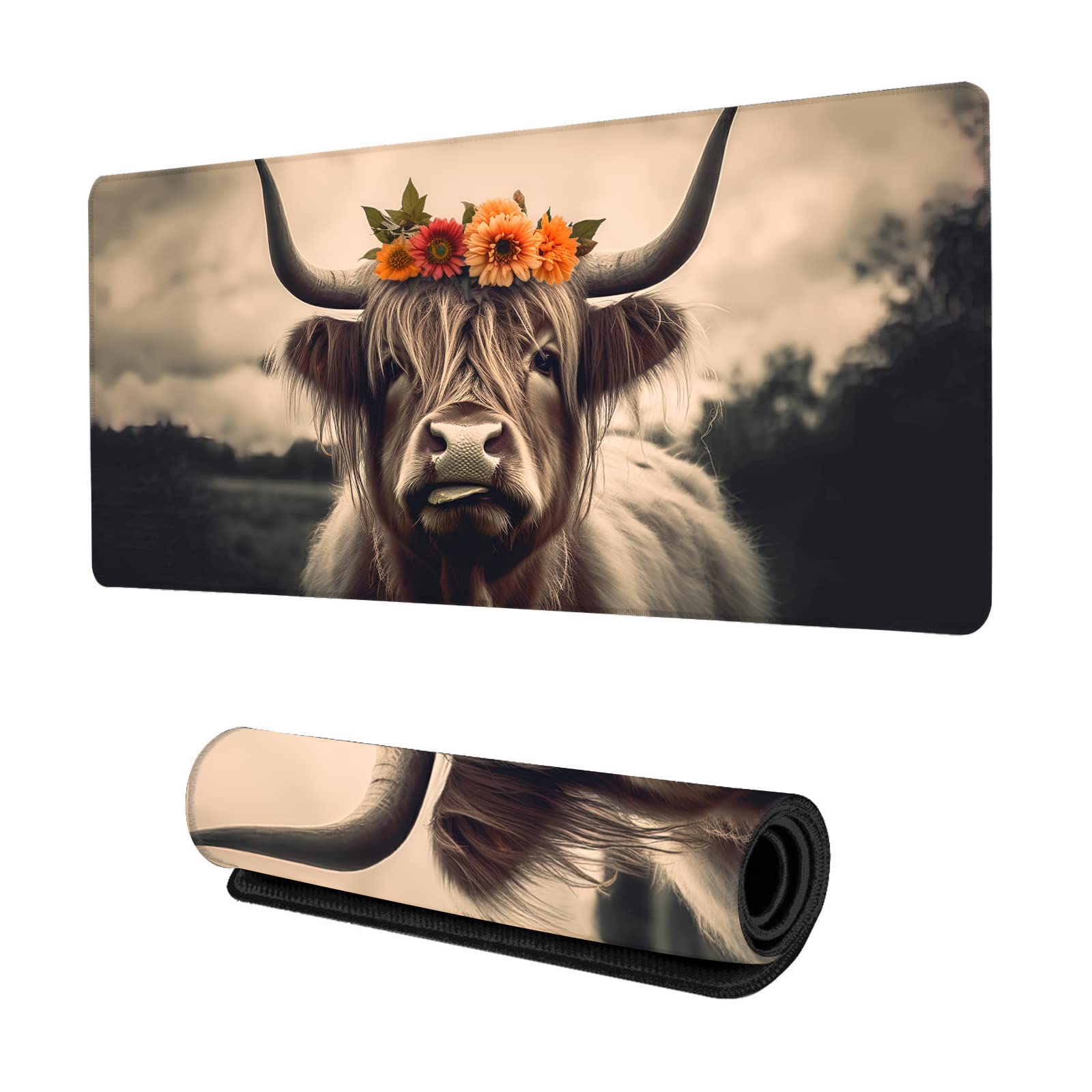 Highland Cow XXL Gaming Mouse Pad (35''×15.7'') - Non-Slip Base & Stitched Edges Desk Mat for Office, Computer & Keyboard | Perfect for Gaming Setups, Home Office & Workstations