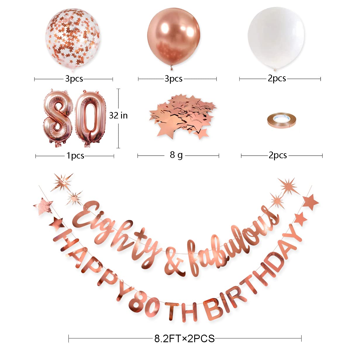Elegant Rose Gold 80th Birthday Banner Garland & Foil Balloons Set - '80 & Fabulous' Theme Party Decor for Women - Perfect for Milestone Birthday Backdrops, Wall Hangings, and Celebration Photo Booths
