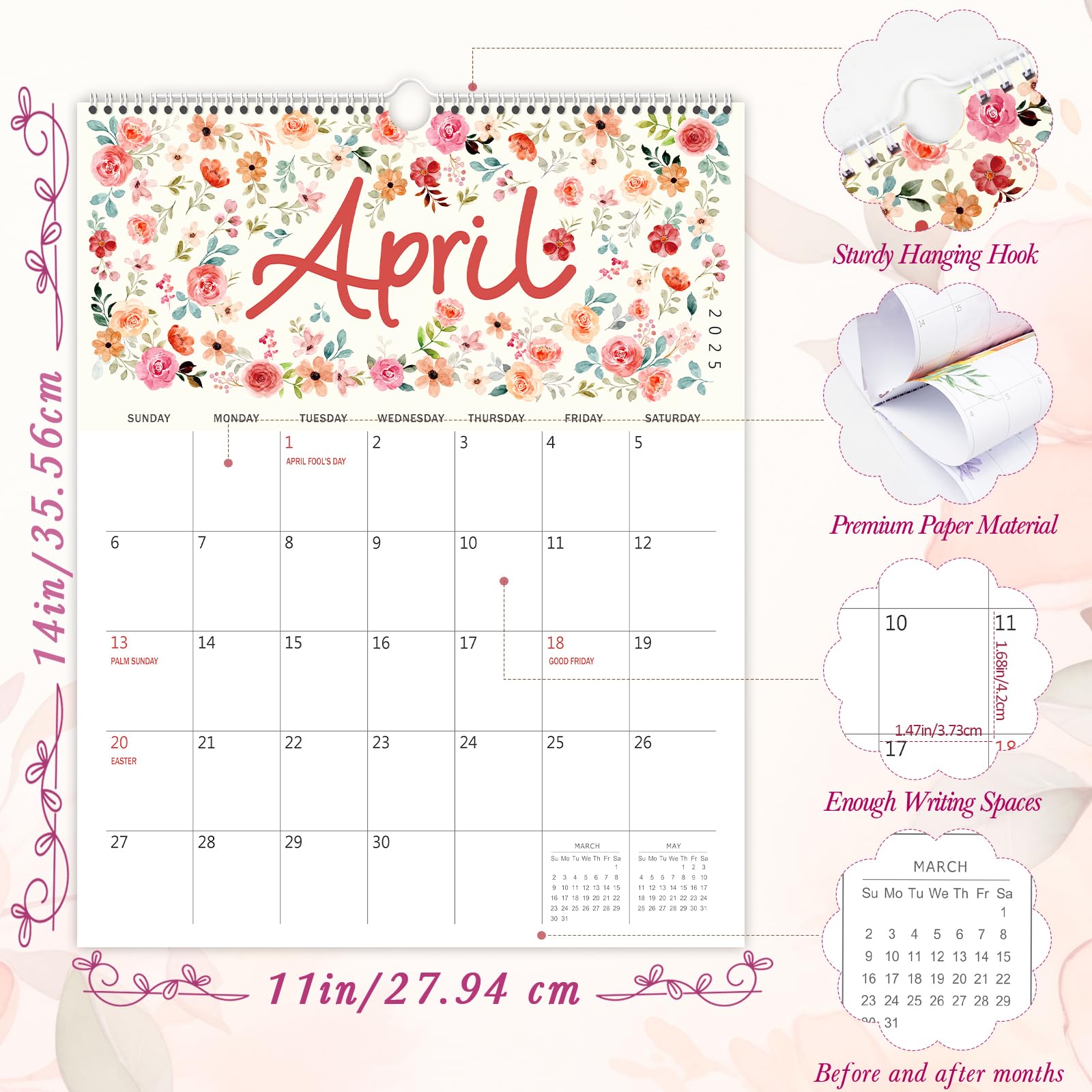 GuassLee 2025-2026 Floral Wall Calendar - 18 Month Hanging Planner (January 2025 to June 2026) - 14