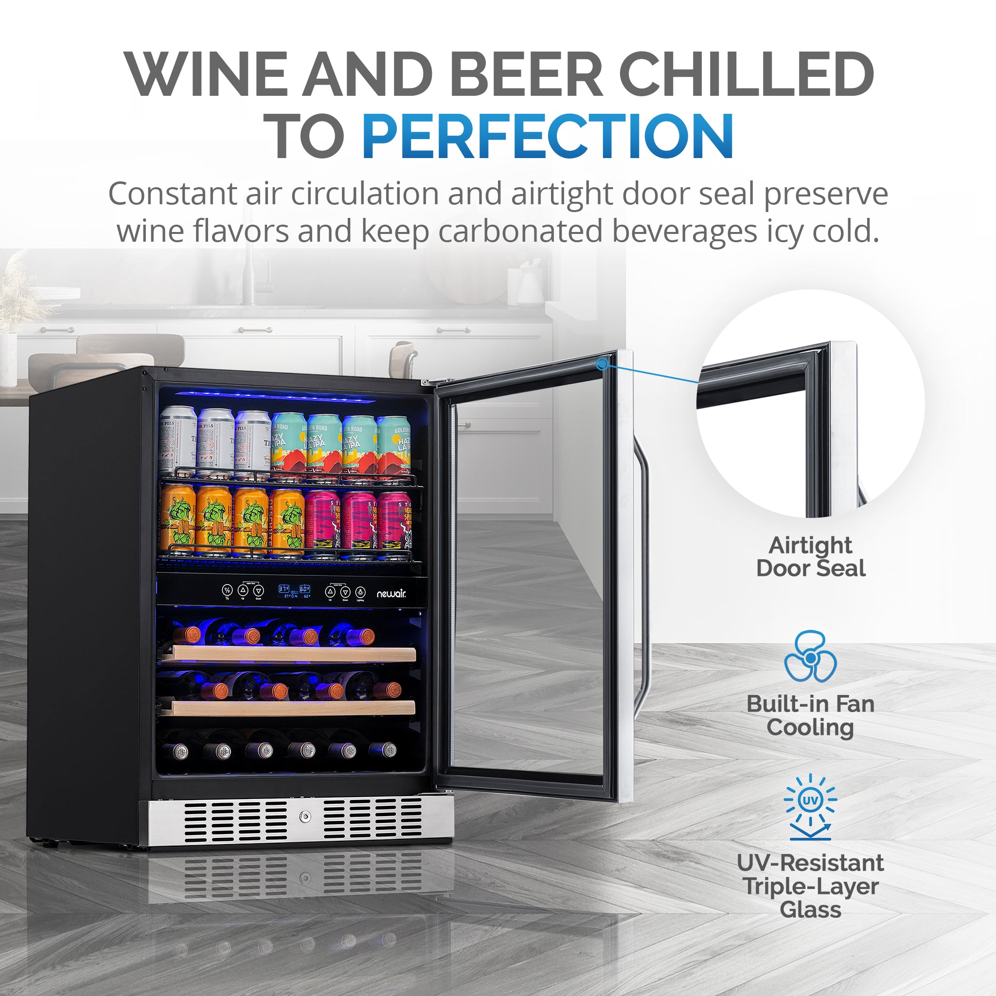 Newair® 70 Can 20 Bottle Dual Zone Beverage Refrigerator - Built-in Wine Cooler & Beer Fridge for Home Bar, Kitchen, or Office Use