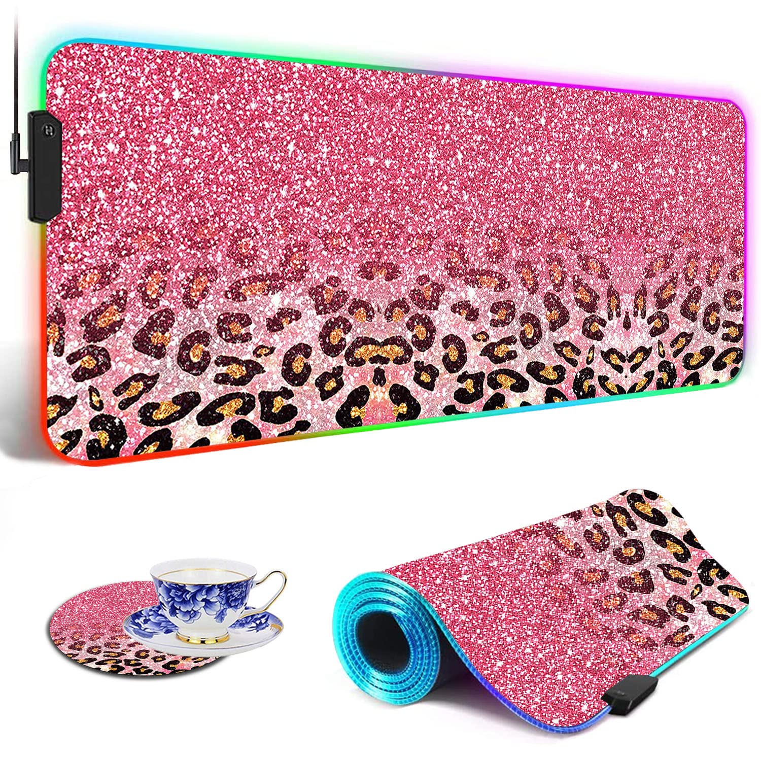RGB Gaming Mouse Pad with LED Lights - Large Non-Slip Waterproof Desk Mat for Keyboard & Mouse - Pink Glitter Leopard Design - Perfect for PC Gaming, Office Work & Streaming Setup
