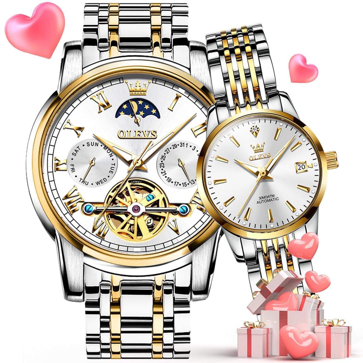 OLEVS Automatic Mechanical Self-Winding Couple Watches Set - Matching His & Hers Dress Watches for Anniversary, Wedding & Valentine's Day Gifts - Perfect for Formal Events, Date Nights & Special Occasions