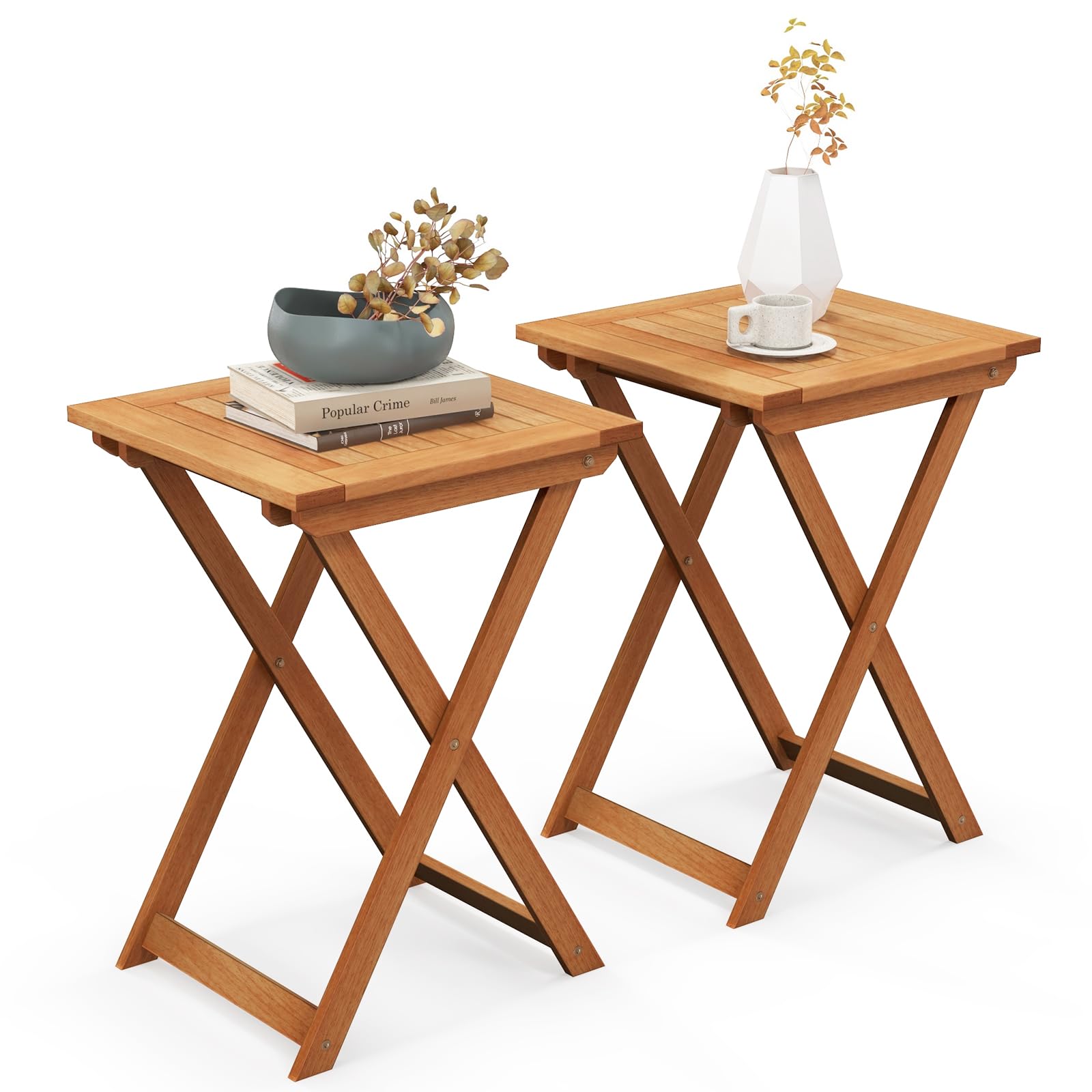 Tangkula 20 Inch Square Folding Patio Table - Outdoor Hardwood Bistro Table with Slatted Tabletop, Space-Saving Foldable Design for Backyard, Poolside, Balcony, Garden, Camping & Picnics (2-Pack)