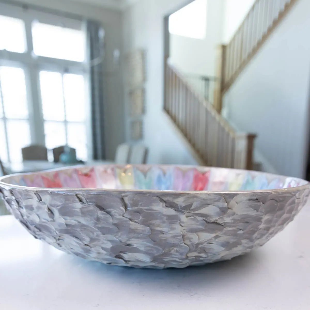 XXL Gray Stoneware Serving Bowl with Rainbow Design - Alchemy Collection | Decorative Bowl for Dining, Kitchen & Home Decor
