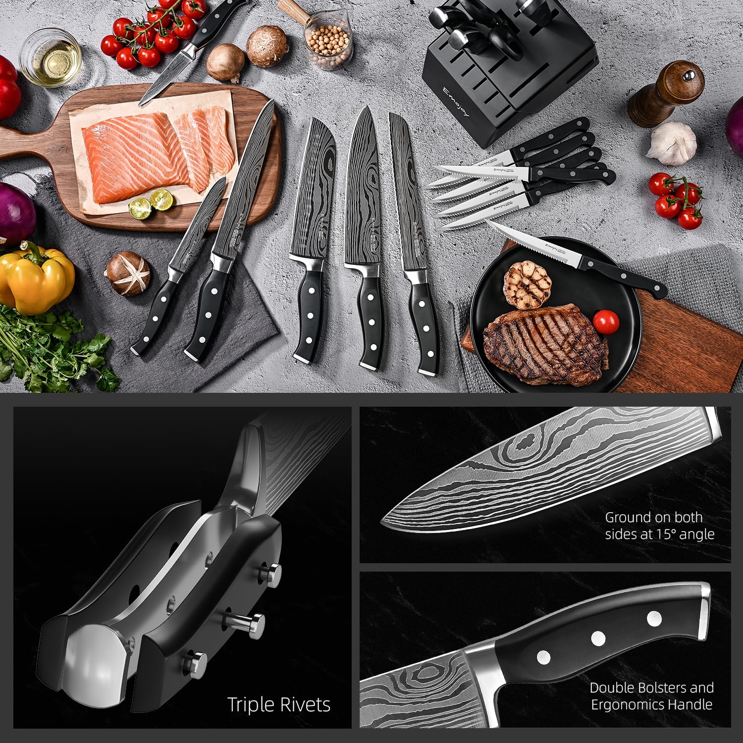 Emojoy 18-Piece Stainless Steel Knife Set with Block - Kitchen Knives with Built-in Sharpener, Shears & Carving Fork - Black | Perfect for Home Chefs, Cooking Enthusiasts & Professional Kitchens