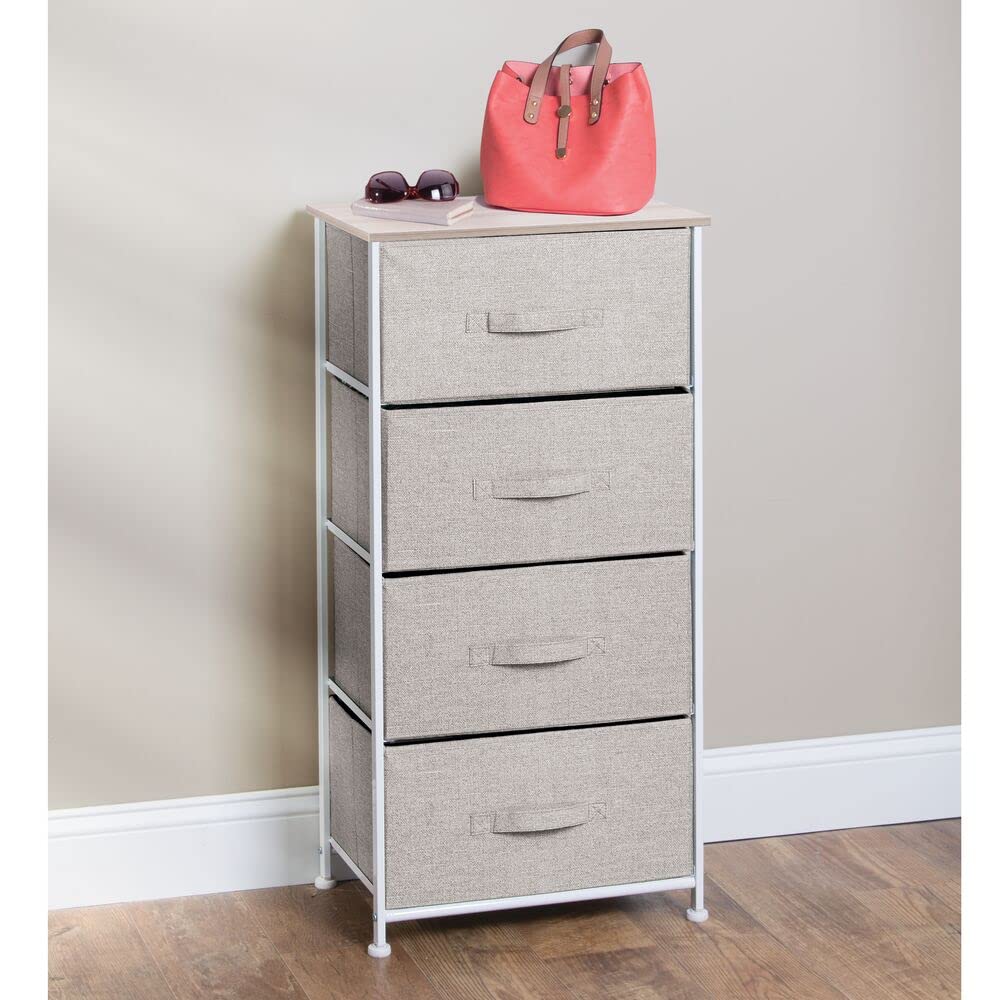 mDesign 4-Drawer Fabric Storage Tower Organizer - Steel Frame & Wood Top Dresser for Bedroom, Closet, Entryway - Lido Collection in Linen/Tan - Perfect for Clothing, Accessories & Home Organization
