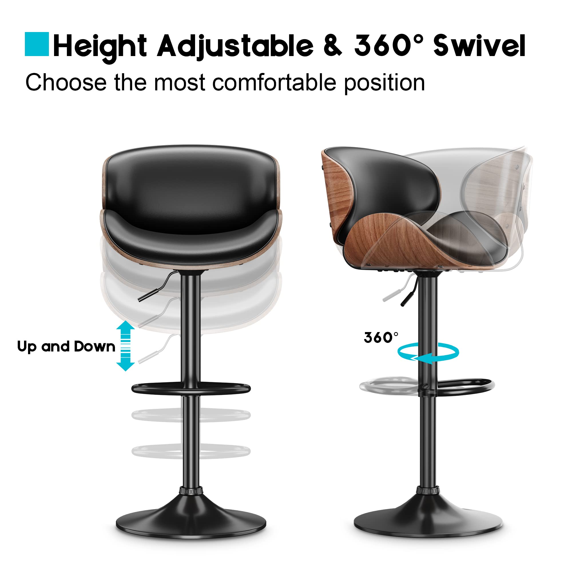 ONME Adjustable Height Swivel Bar Stools Set of 2 - PU Leather Upholstered Counter Stools with Back Support & Footrest - Modern Bar Chairs for Kitchen Island, Home Bar, Dining Room & Breakfast Nook - Dark Black