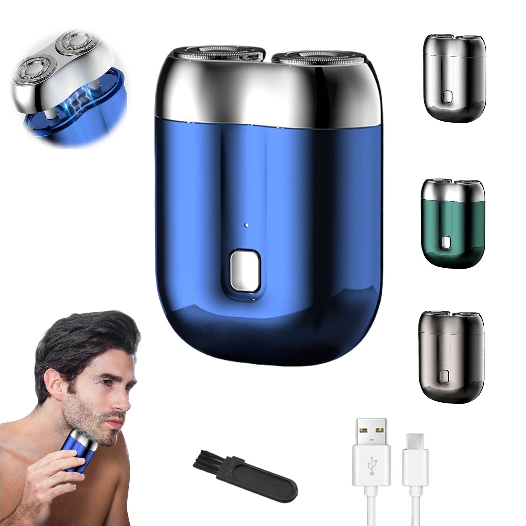 Jacooba Electric Razor for Men - USB Rechargeable Dual Head Mini Shaver with Jojoba Oil - Portable Travel & Gym Grooming Kit (Blue)