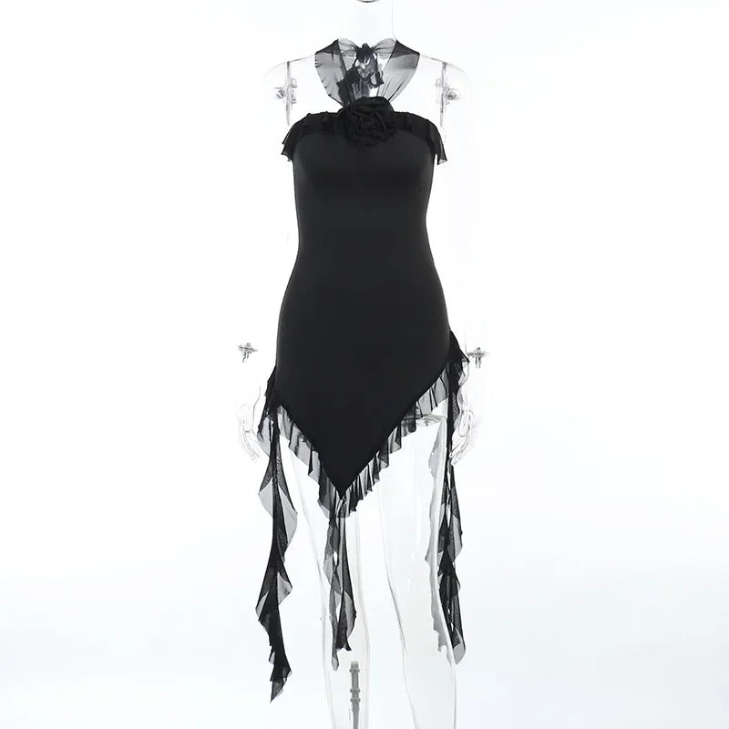 Y2K Sexy Black Floral Applique Asymmetrical Ruffle Halter Mini Dress for Women | Summer Party Clubwear & Date Night Outfit