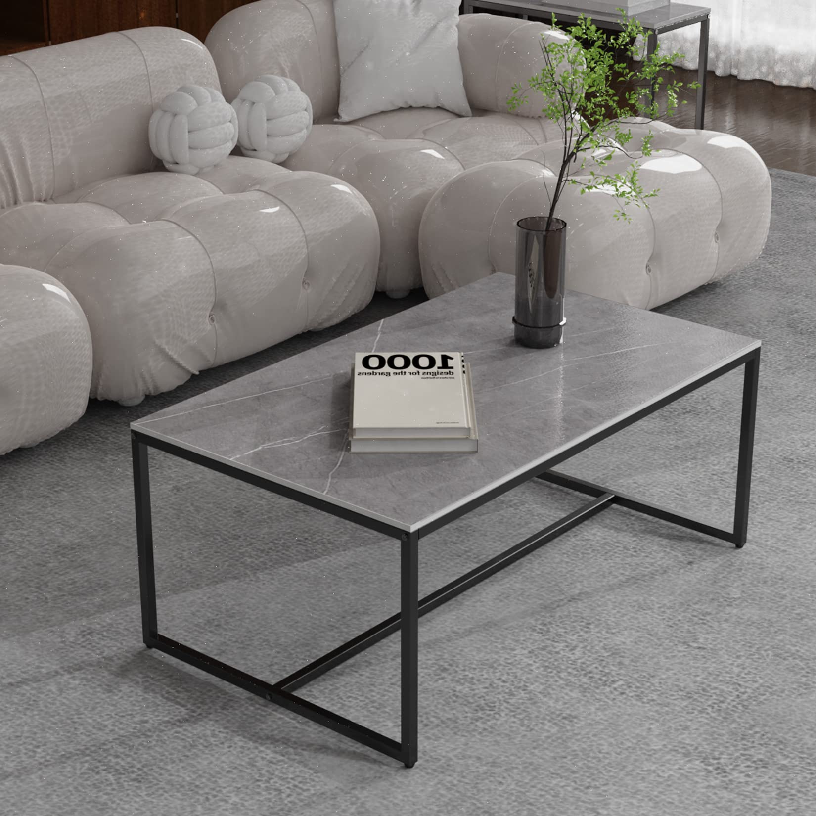Wisfor Sintered Stone Coffee Table - Modern Grey Rectangular Sofa Table with Sturdy Black Metal Frame, 39.4x23.6x15.7 Inch - Perfect for Living Room Decor, Family Gatherings & Coffee Time