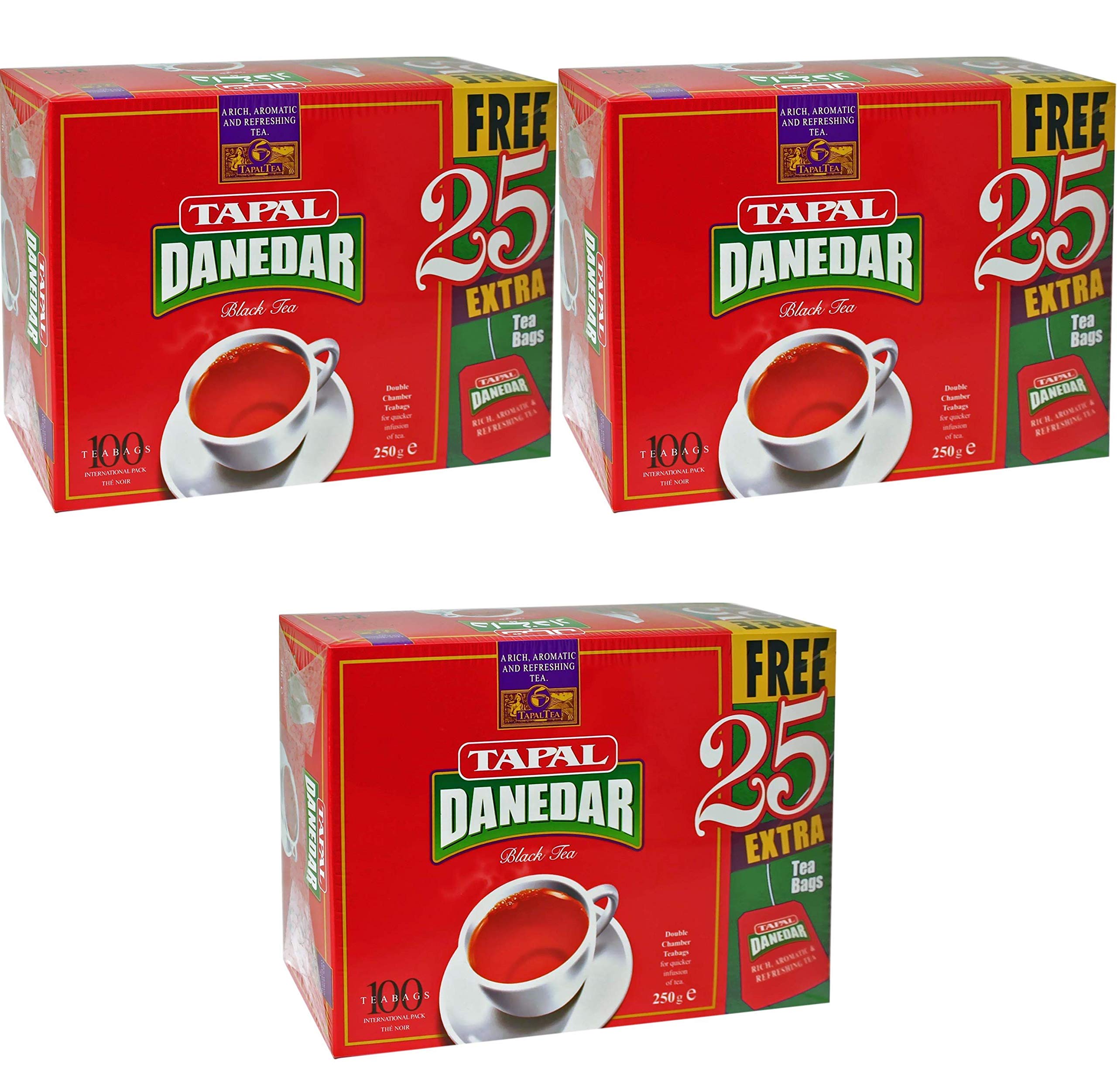 Premium Tapal Black Tea Bags - 125 Count (100+25 Extra) | 250g Pack of 3 | Rich Flavor for Morning Boost, Afternoon Relaxation & Iced Tea