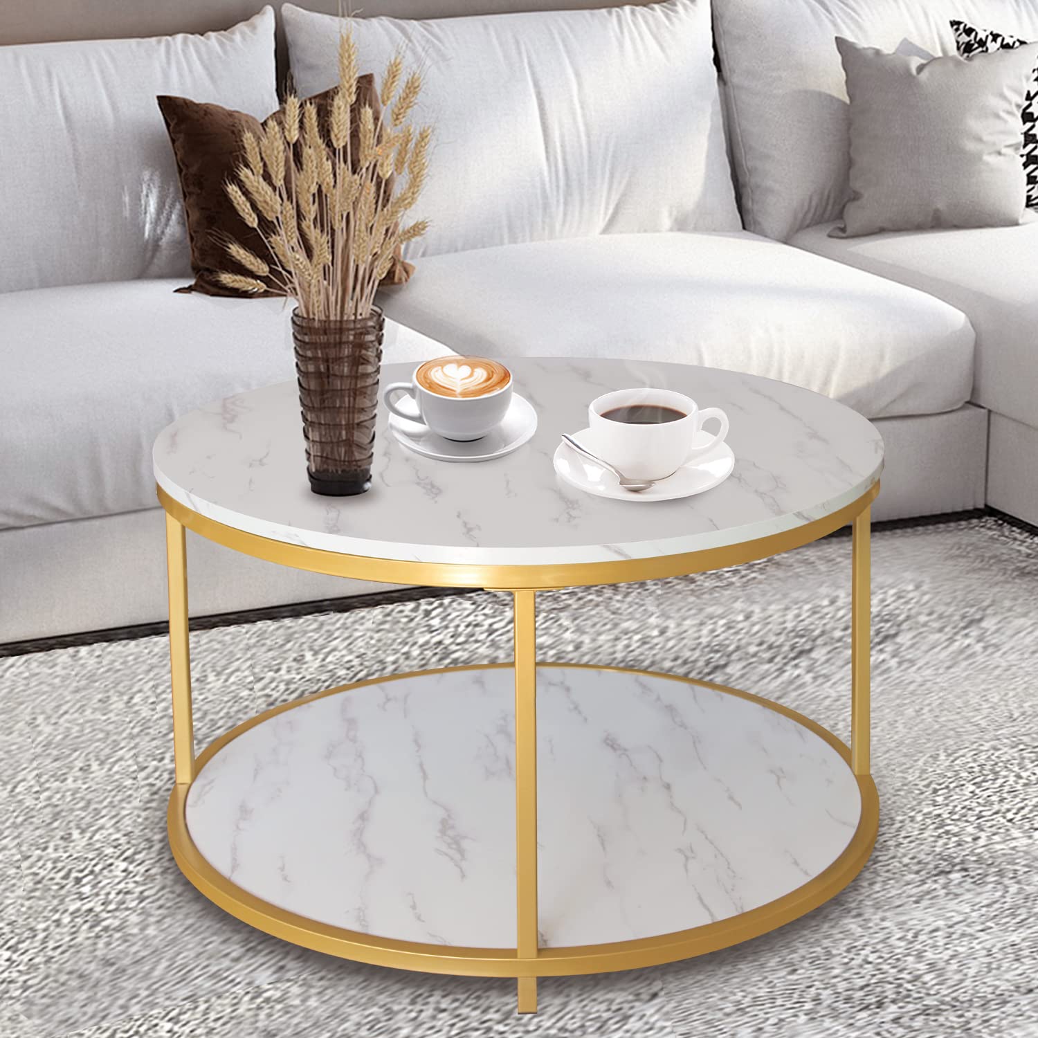 AT-VALY 31.5 Inch Round Coffee Table with Storage Shelf - Solid Wood Top & Sturdy Metal Frame - Modern Sofa Table for Living Room, Bedroom, Office (Gold) - Perfect for Small Spaces, Coffee Time & Home Decor
