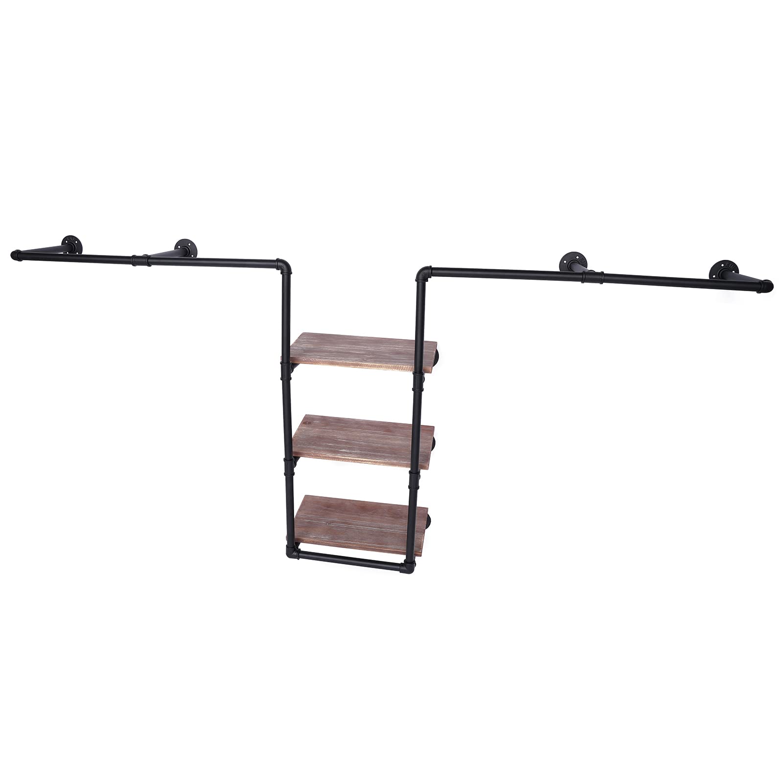 Industrial Pipe Garment Rack - Wall Mounted Clothing Rack with 3-Tier Wooden Shelf & 2 Hanging Rods, Rustic Storage Rack for Home, Boutique or Clothing Store Organization | Perfect for Bedroom, Closet & Retail Display