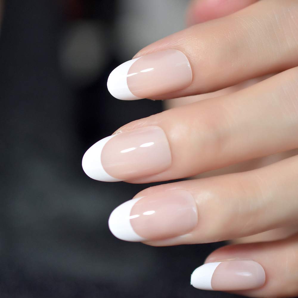24-Pack Beige Acrylic French Fake Nails - Medium Length Oval Artificial Nails with Salon Nail Art Tips for Manicure & Nail Extension | Perfect for Weddings, Parties & Daily Wear