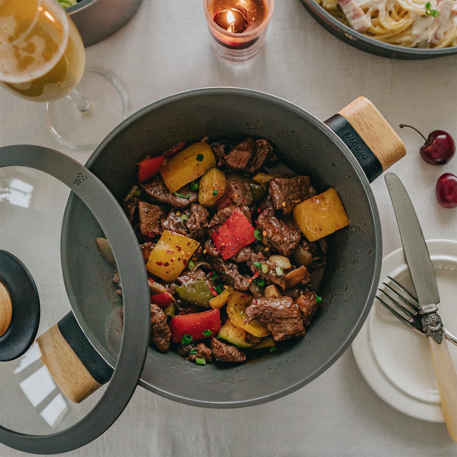 Dr.HOWS 9.5 Inch Nonstick Cooking Pot with Glass Lid - Large Ceramic Coated Soup Pan with Oakwood Handles - Induction Compatible & Oven Safe - Perfect for Soups, Stews, Pasta & Family Meals