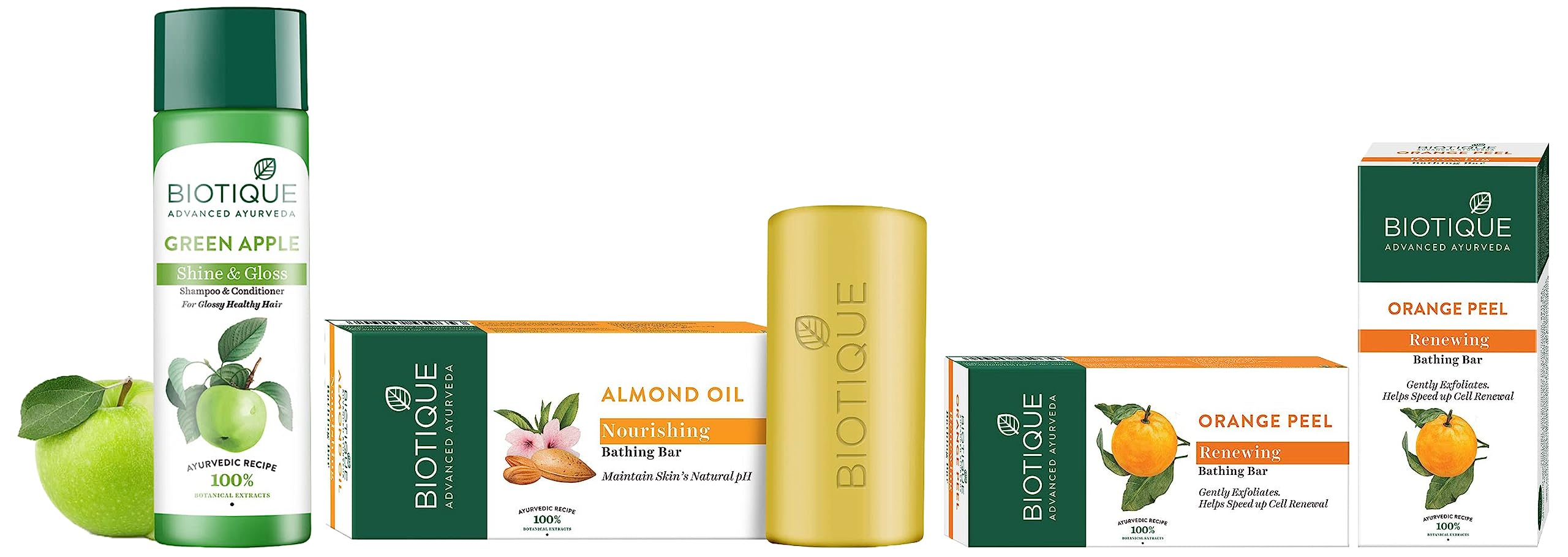 Biotique Green Apple Shine & Gloss Shampoo and Conditioner Set for Healthy Hair (190ml) | Biotique Bio Orange Peel Revitalizing Body Soap (150g) | Biotique Almond Oil Nourishing Body Soap (150g) - Natural Hair & Skin Care Bundle for Daily Use at Home or Travel