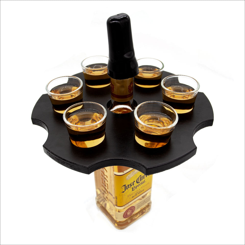 6 Shooter Wooden Shot Glass Holder & Bottle Topper Set - Black or Stained Finish - Perfect for Home Bars, Parties, and Whiskey Lovers