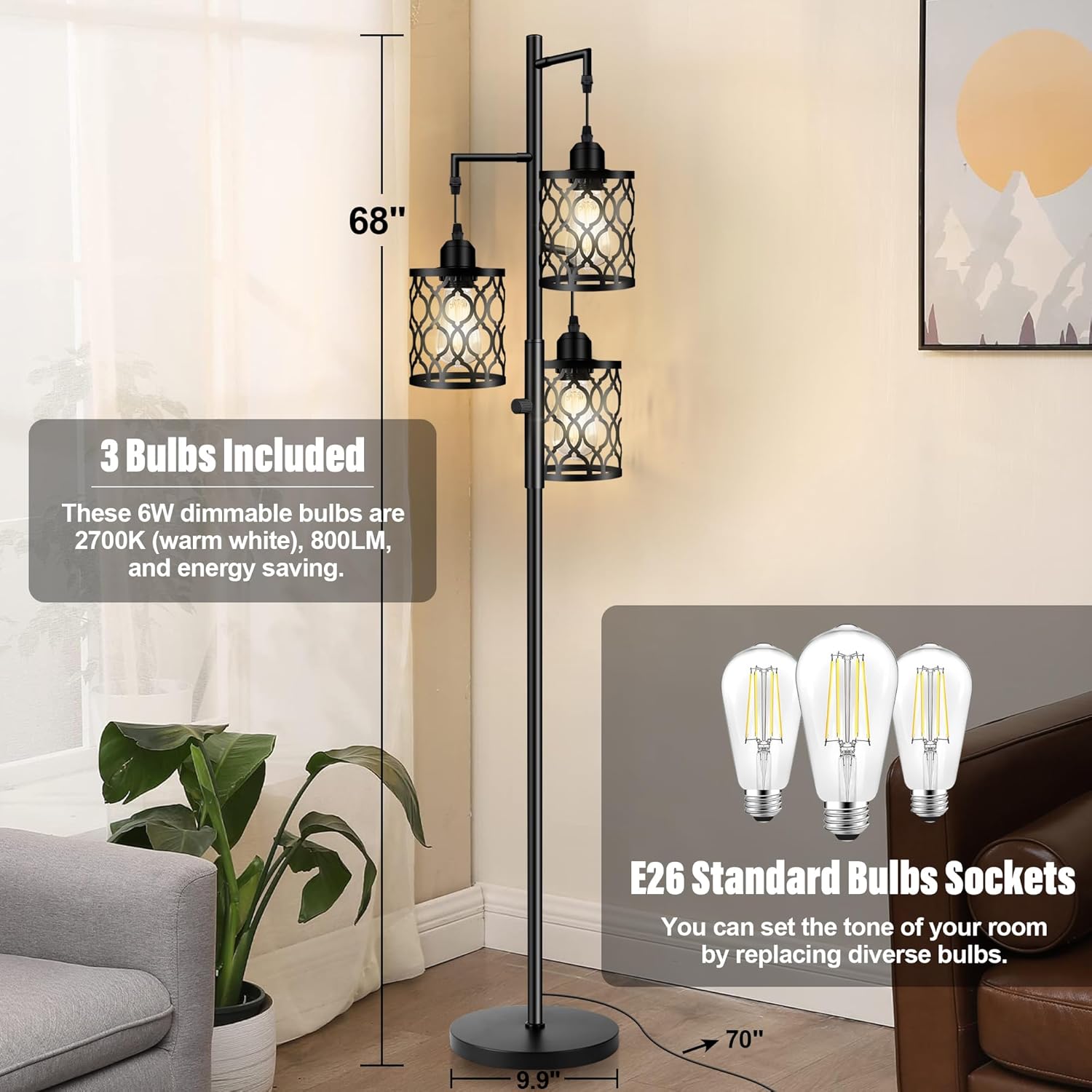 3-Light LED Floor Lamp - Adjustable Industrial Standing Lamp with Stepless Dimming, Modern Lighting for Living Room, Bedroom & Office | SKU: 250332