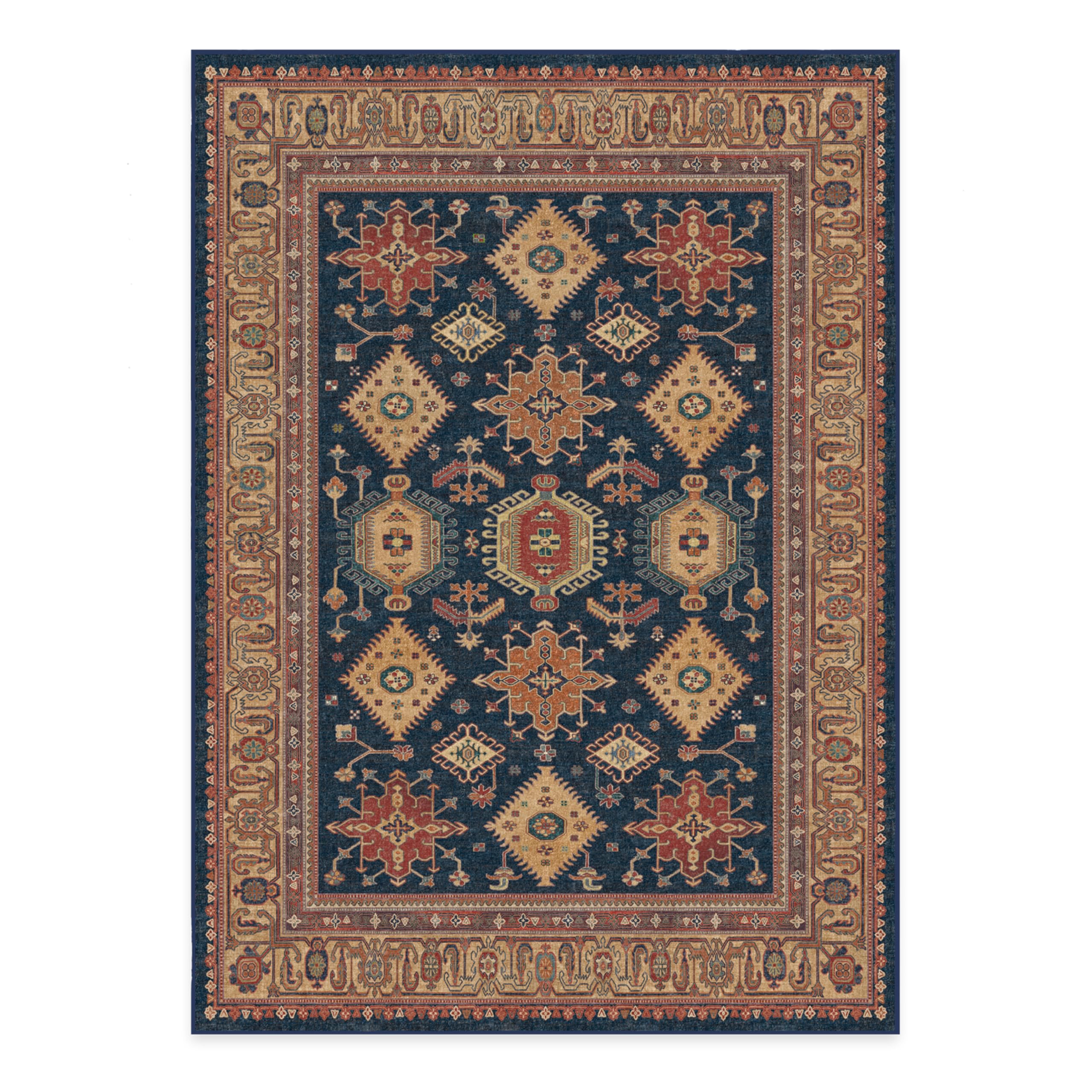 Ruggable Washable 5x7 Area Rug - Cambria Sapphire Vintage Design | Non-Slip Gripper Pad Included | Perfect for Living Room, Bedroom, Kitchen, Office & Classroom | Easy to Clean Machine Washable Rug for High Traffic Areas
