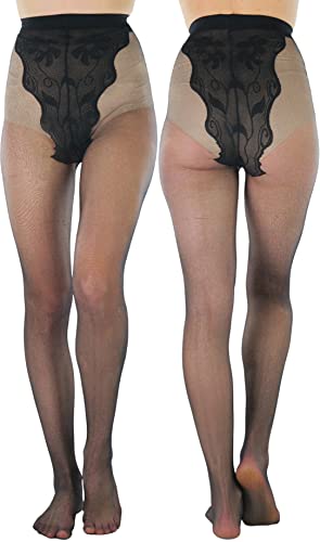 Pantyhose W/ Faux Lace Panty - Black