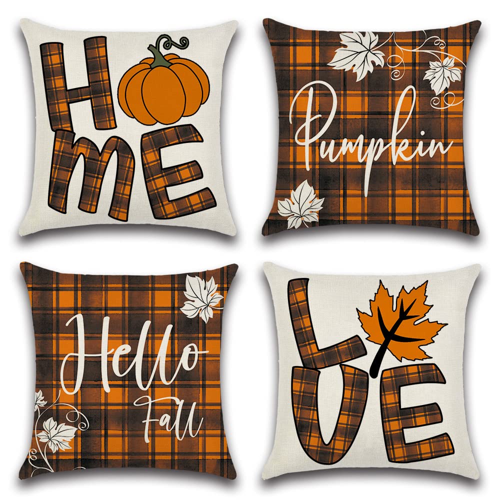 Fall Pillow Covers 18x18 Set of 4 - Maple Leaf & Buffalo Plaid Autumn Decorative Throw Pillows for Couch, Sofa, Farmhouse Decor - Perfect for Thanksgiving, Home, and Outdoor Fall Decorations