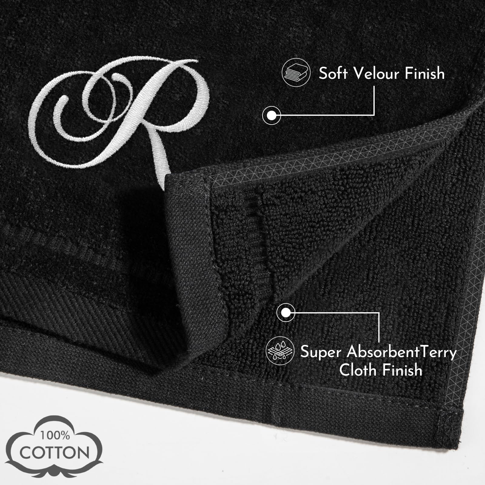 Personalized Monogrammed Hand Towels Set - 100% Cotton Embroidered Bathroom Towels (11x18 Inches) - Black Initial R - Set of 2 - Perfect for Guest Bathrooms, Powder Rooms & Luxury Home Decor