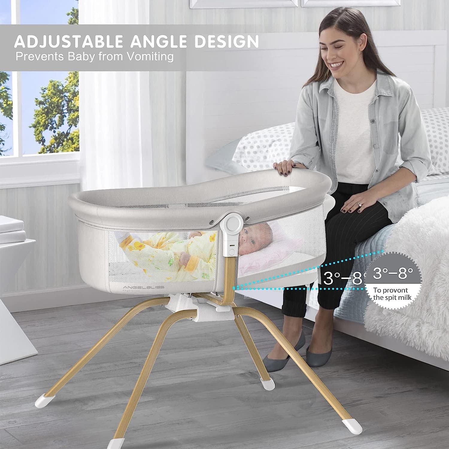 **ANGELBLISS 3-in-1 Rocking Bassinet & Bedside Sleeper – Portable Convertible Travel Crib for Newborns (White) – Perfect for Nursery, Travel & Co-Sleeping**