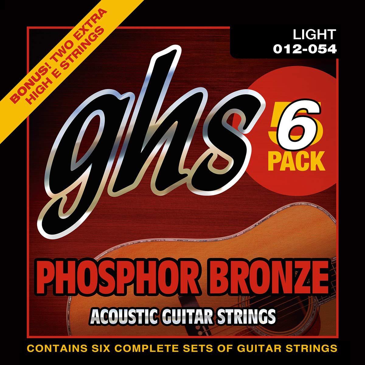 GHS S325-5 Phosphor Bronze Acoustic Guitar Strings - Light Gauge (12-54) - 6 Pack Set for Warm, Balanced Tone | Perfect for Folk, Country & Fingerstyle Playing