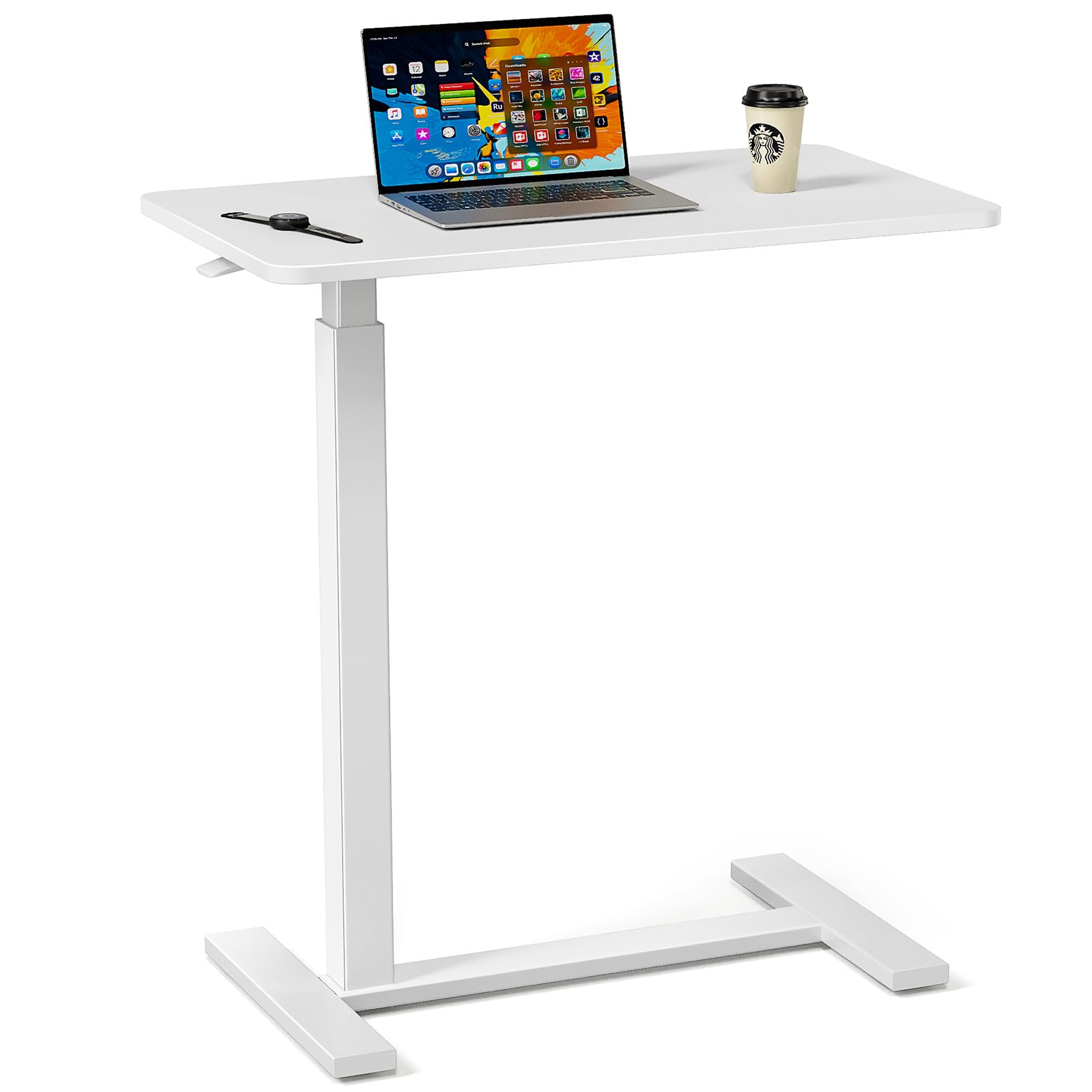 Adjustable Overbed Table with Wheels - Portable Laptop Desk for Bed, Standing Work & Writing | Mobile Rolling Desk with Height Adjustment | Perfect for Hospital, Home Office & Dorm Room (White)