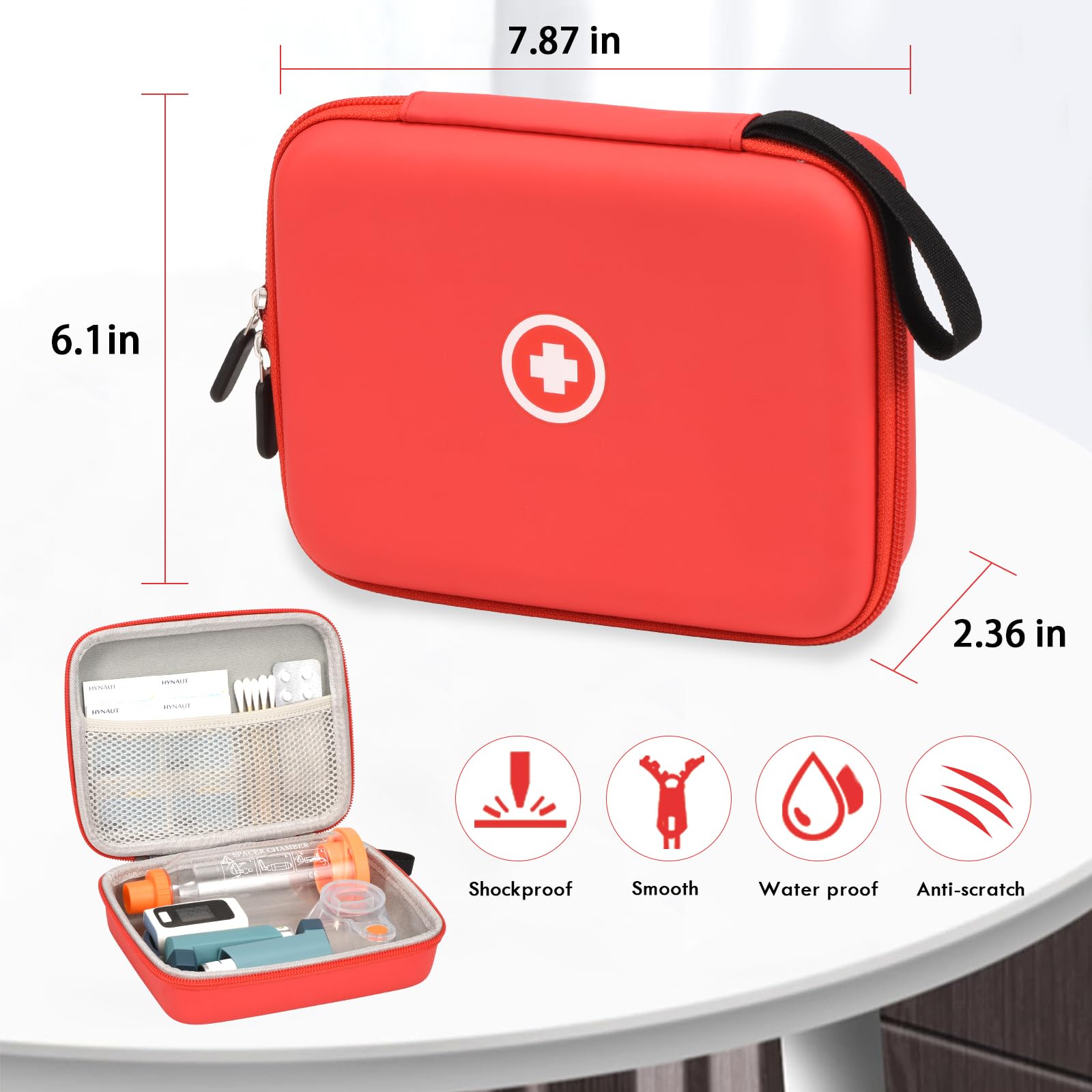 **Fukumi Hard Travel Case for Asthma Inhaler & Spacer - Portable Storage Organizer for Kids & Adults - Holds Masks, Medicine & Accessories with Mesh Pocket - Ideal for Travel, School & Daily Use - Red (Case Only)**