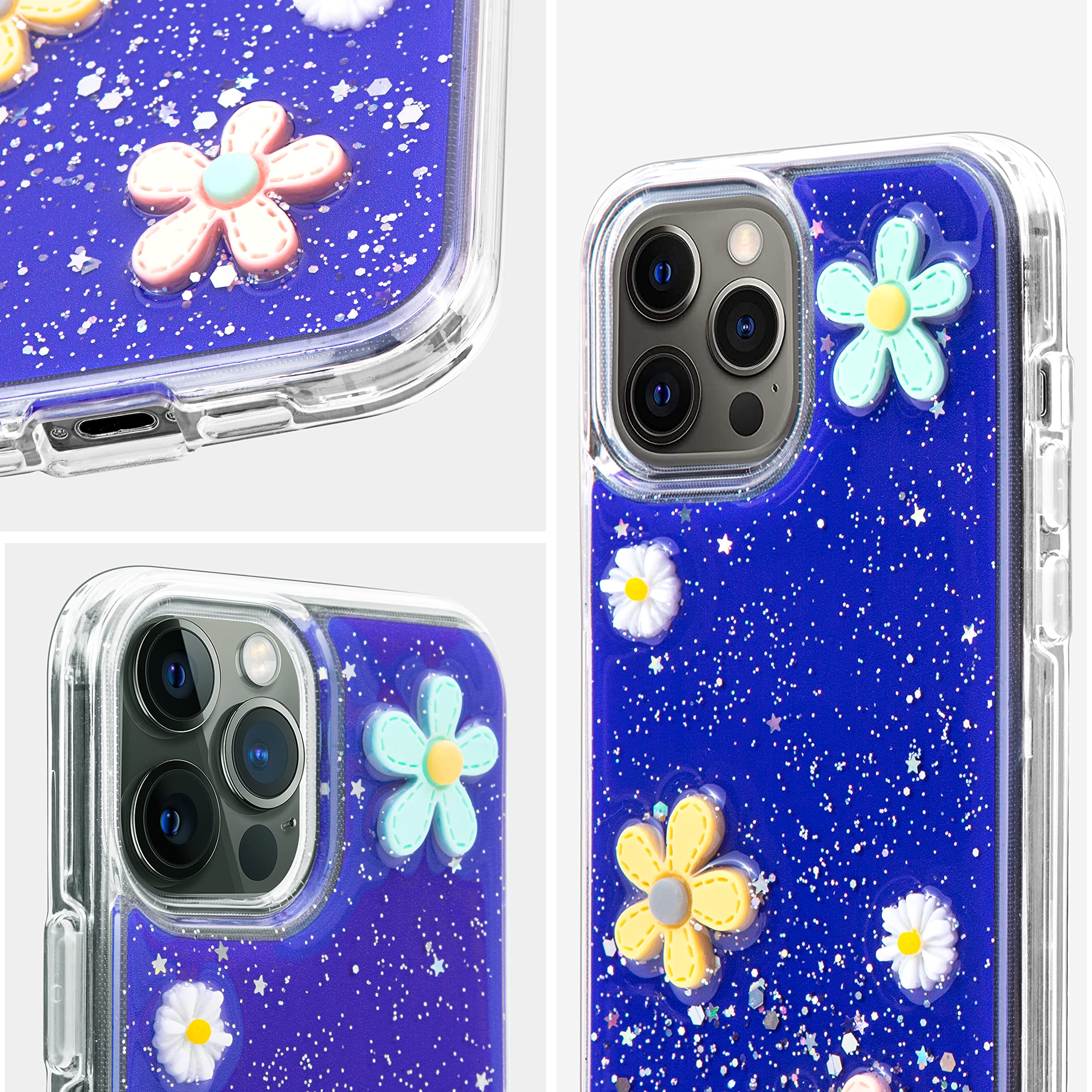 Shockproof iPhone 12 Pro Max Case with Daisy Flower Design - Anti-Scratch Full Body Protection, Cute Glitter Cover for Women (Blue) | Perfect for Everyday Use, Outdoor Activities & Gift Giving