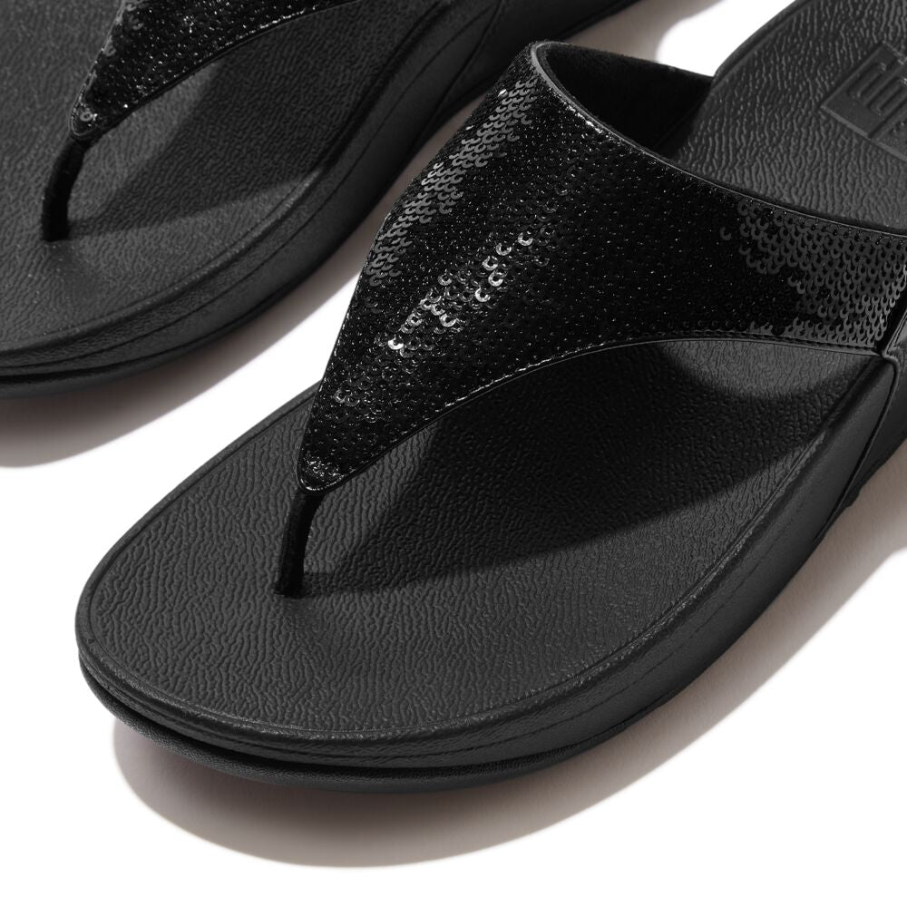 FitFlop Lulu Sequin Sandals for Women - Comfortable Glitter Flip Flops with Arch Support | All Black | Perfect for Beach, Pool Parties & Summer Vacations