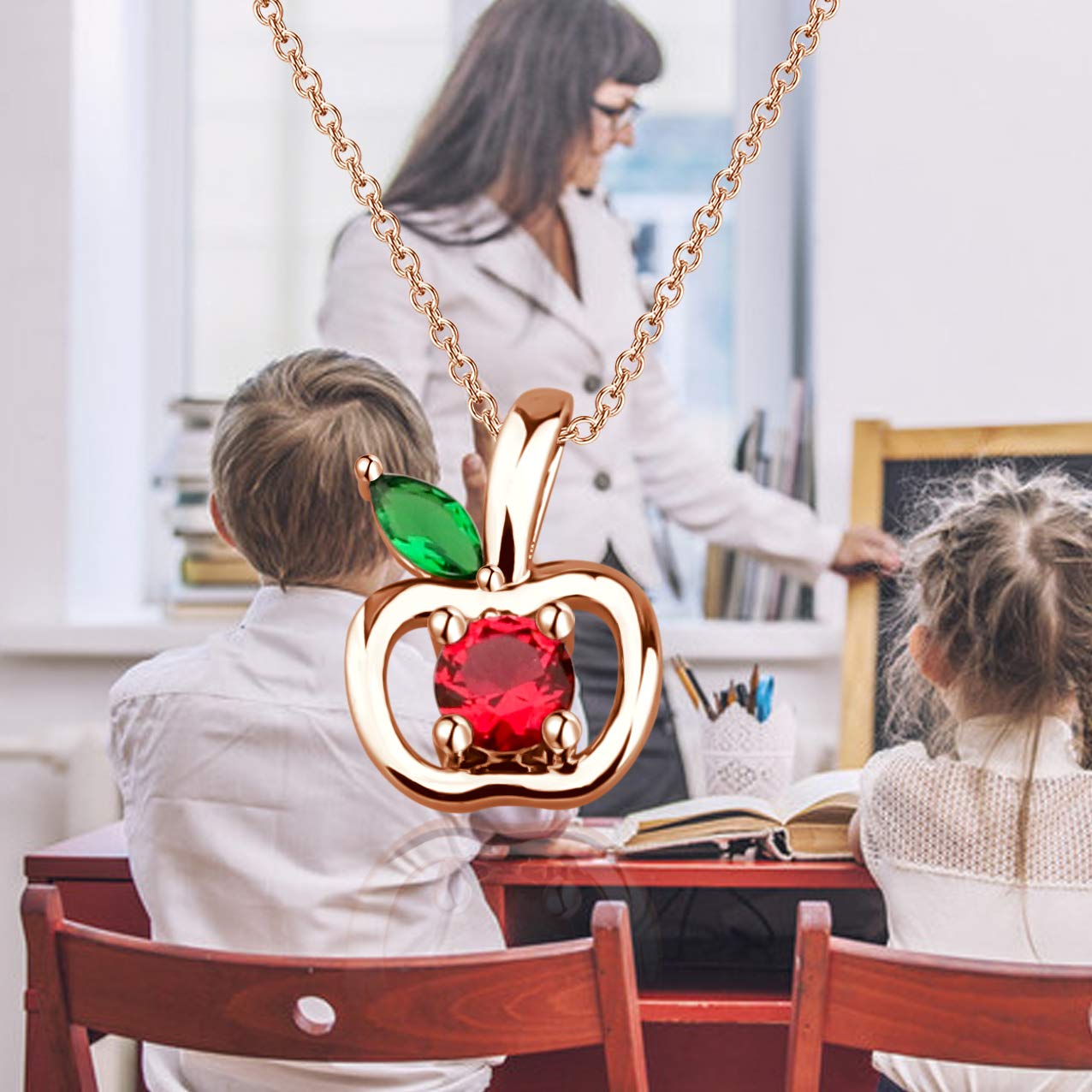 Zuo Bao Teacher Apple Pendant Necklace - Sterling Silver Plated Apple Leaf Charm with Red & Green Zircon Gemstones - Perfect Thank You Gift for Educators, Teachers & Mentors - Ideal for Teacher Appreciation Week, Graduation Gifts & School Year End Presents